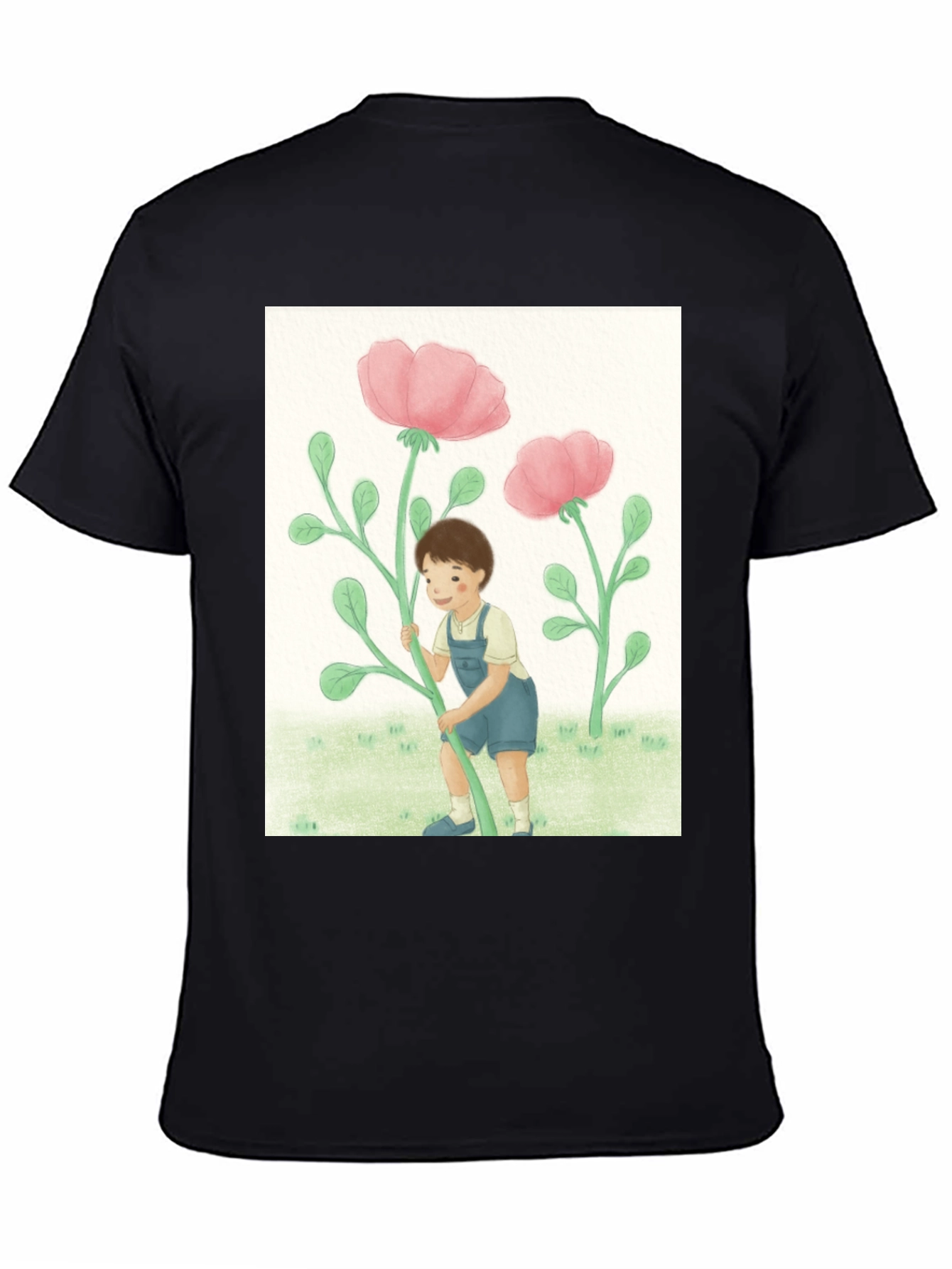 Boy with Flowers Black T-Shirt