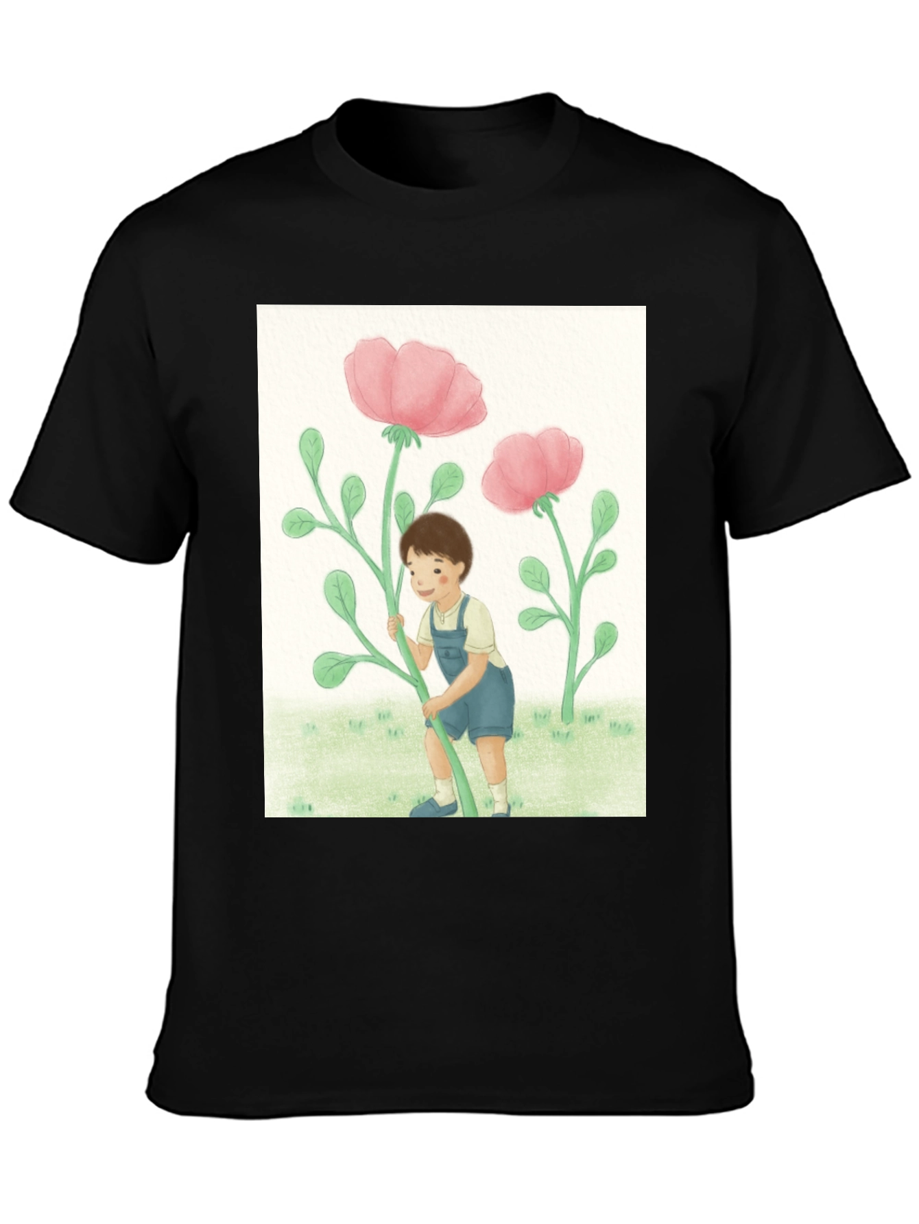 Boy with Flowers Black T-Shirt