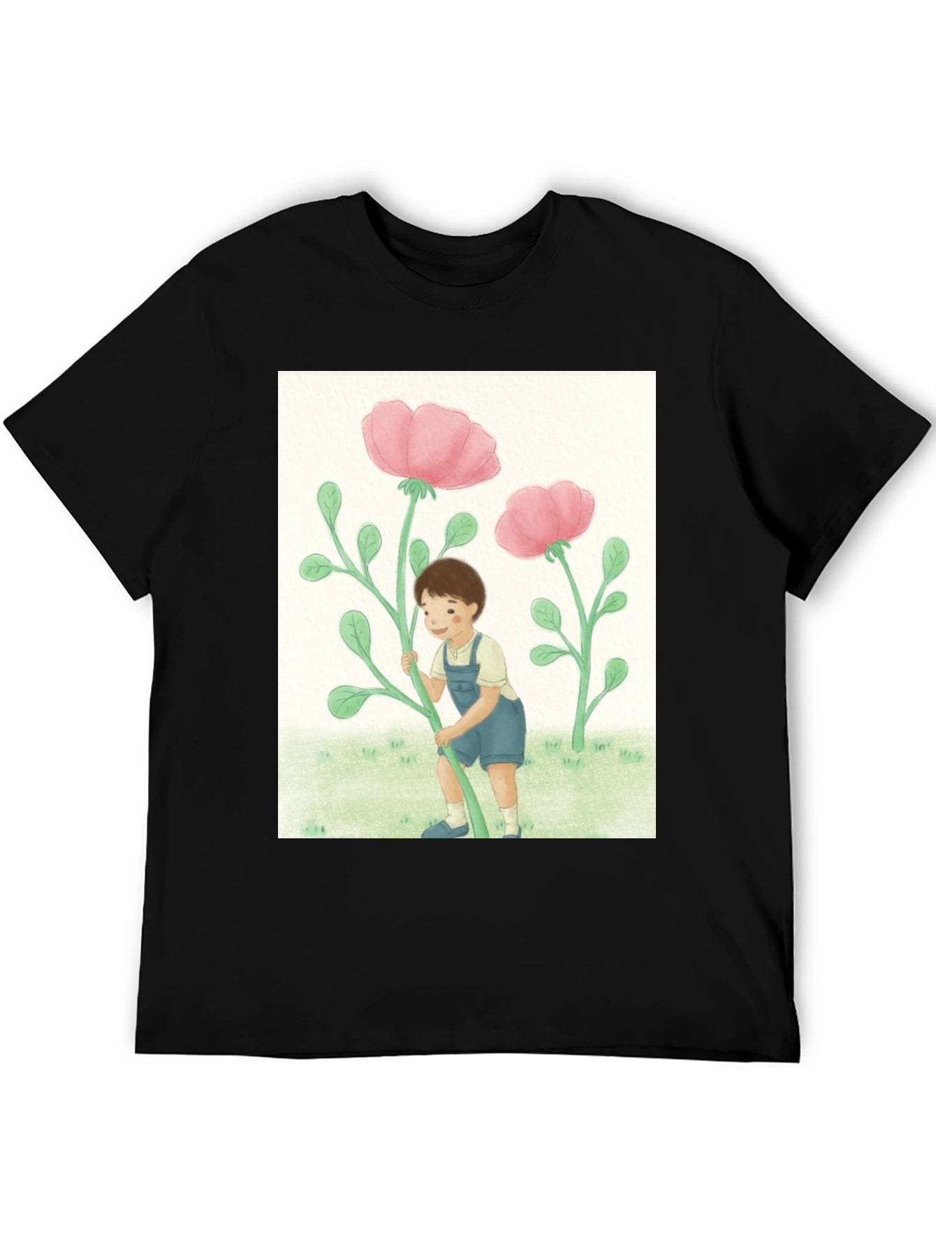 Boy with Flowers Black T-Shirt