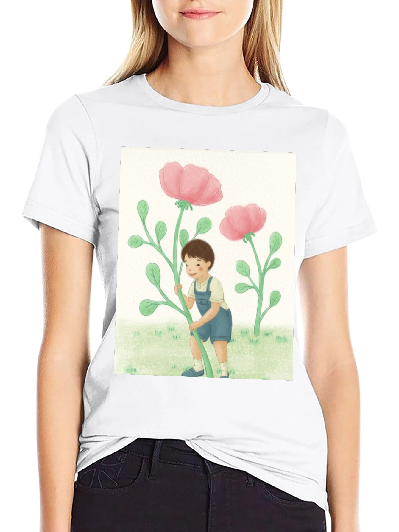 Boy with Flowers Black T-Shirt
