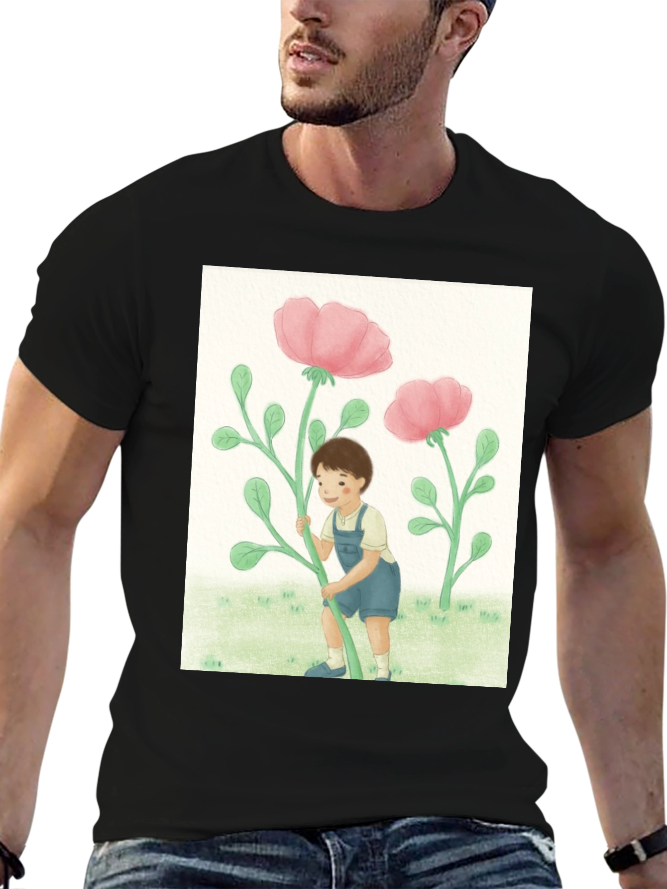 Boy with Flowers Black T-Shirt