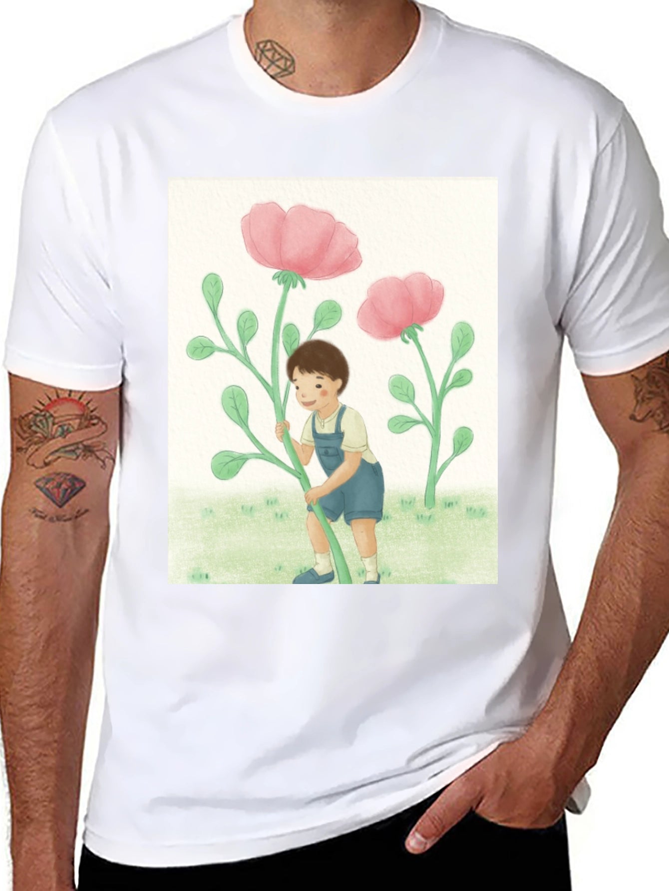 Boy with Flowers Black T-Shirt