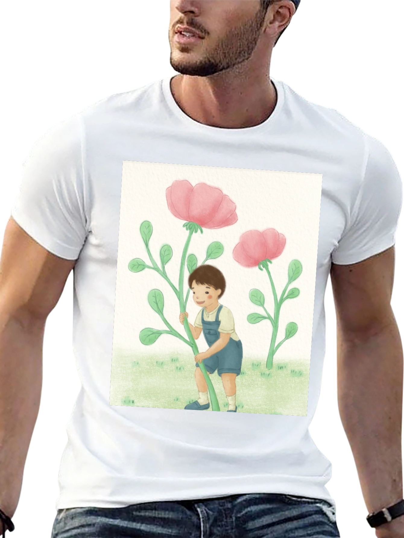 Boy with Flowers Black T-Shirt