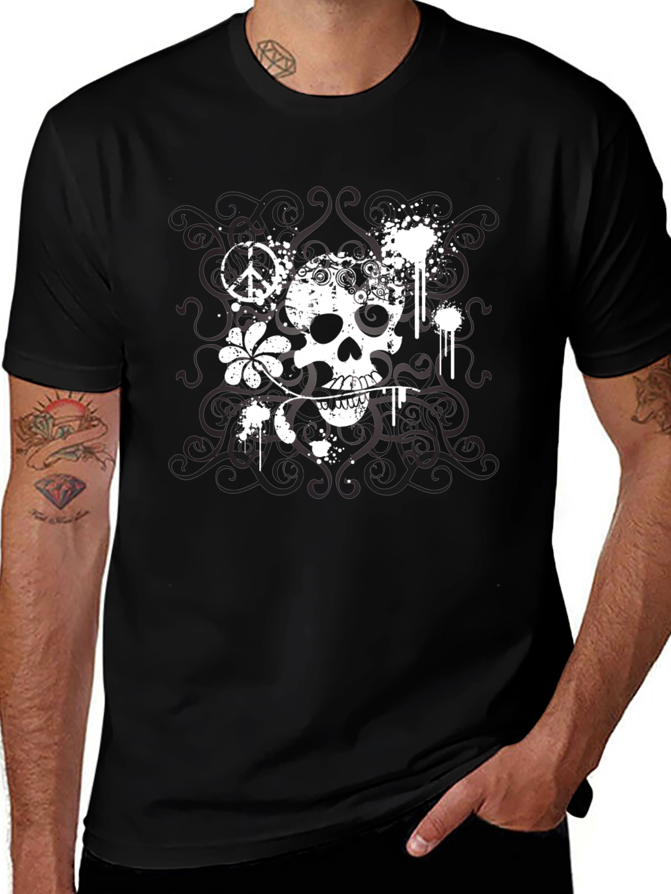 Skull & Peace Sign Graphic T-Shirt - Black