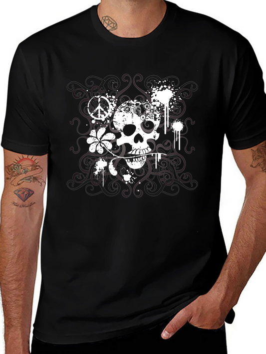 Skull & Peace Sign Graphic T-Shirt - Black