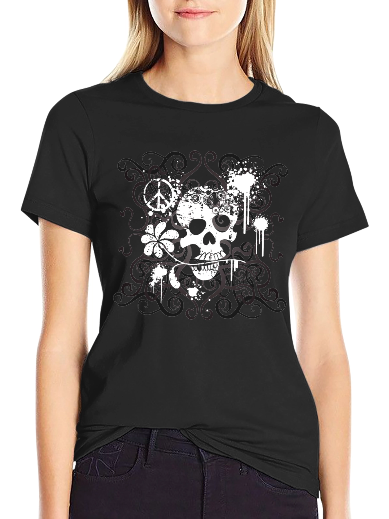 Skull & Peace Sign Graphic T-Shirt - Black