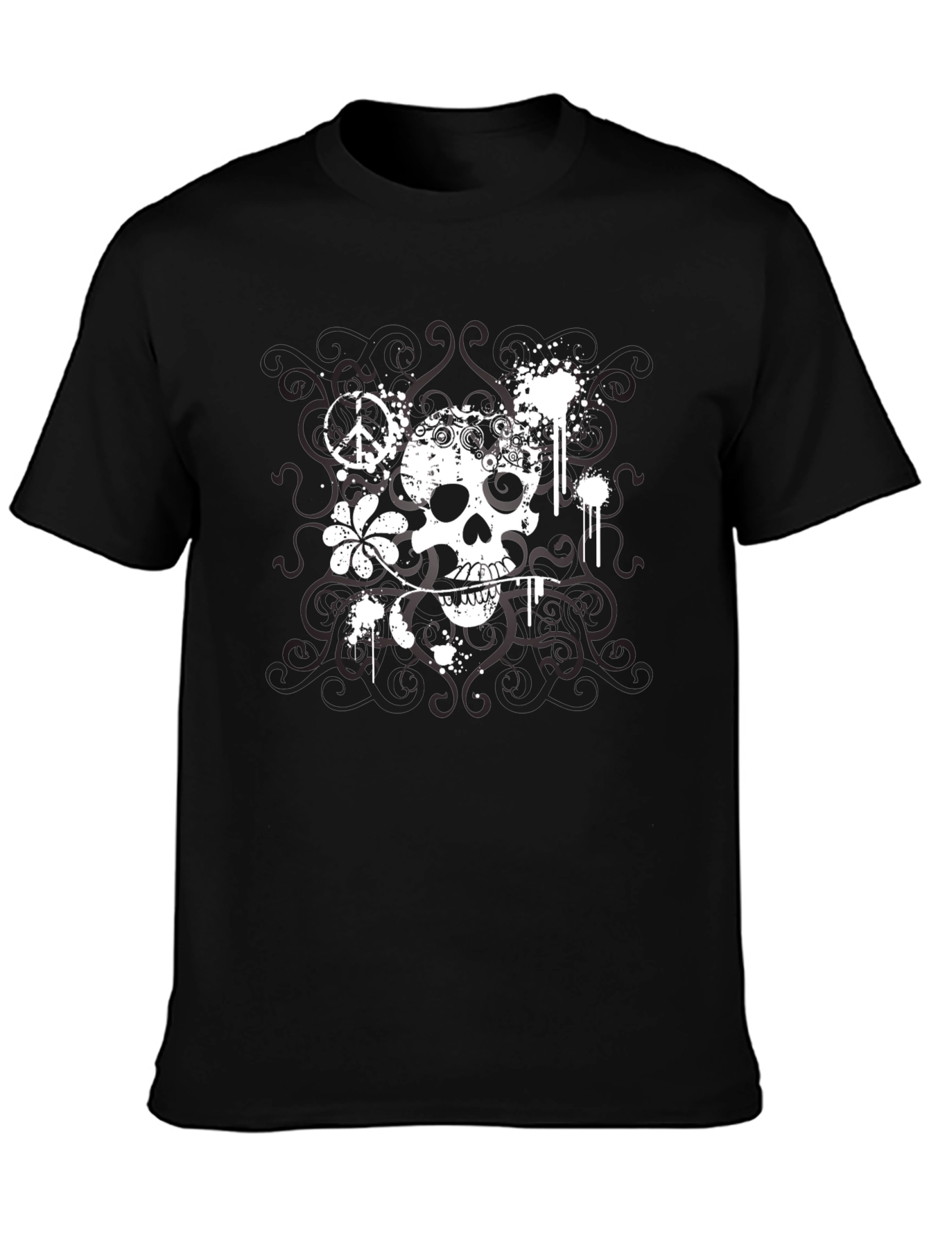Skull & Peace Sign Graphic T-Shirt - Black