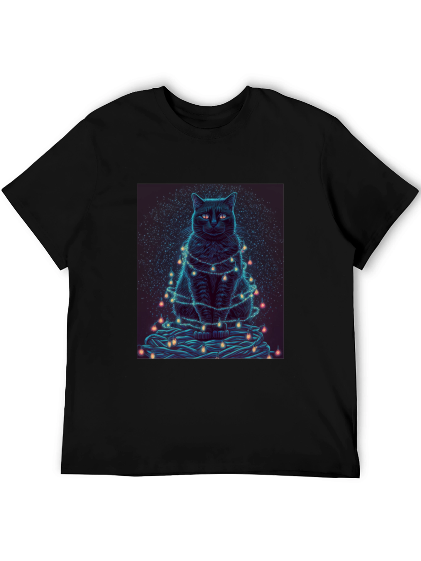 Black Cat Christmas Lights Graphic Tee