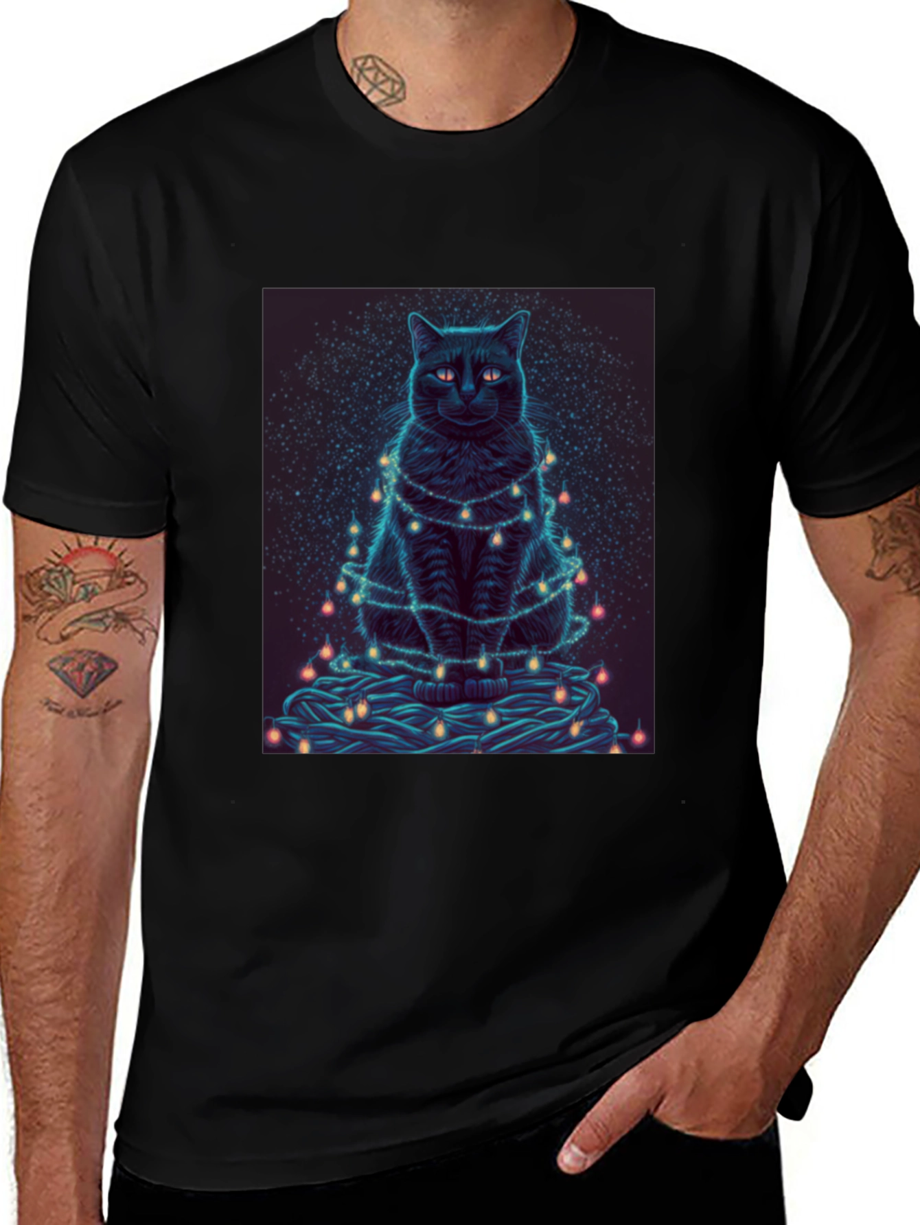 Black Cat Christmas Lights Graphic Tee
