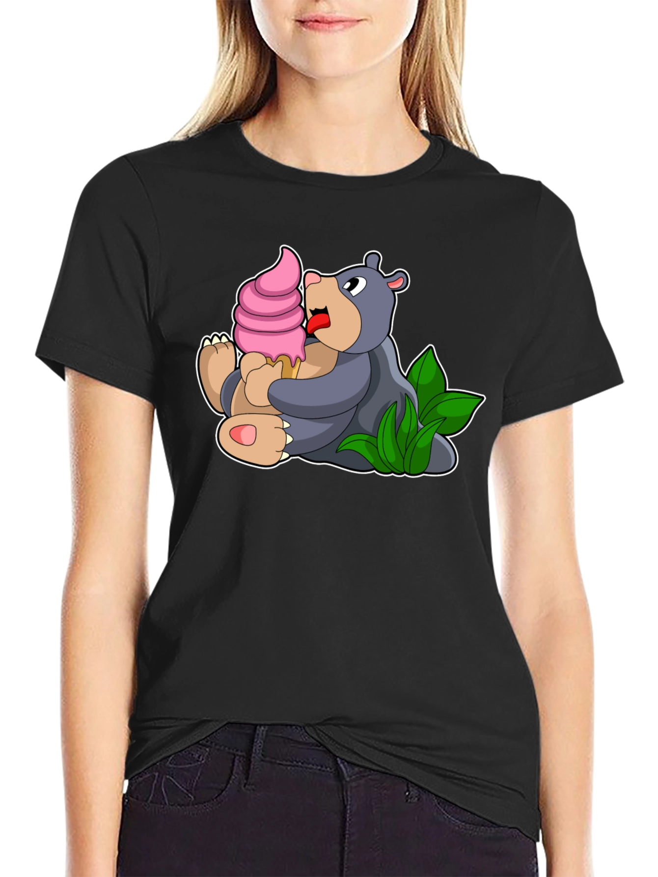 Cute Bear Eating Ice Cream Black T-Shirt