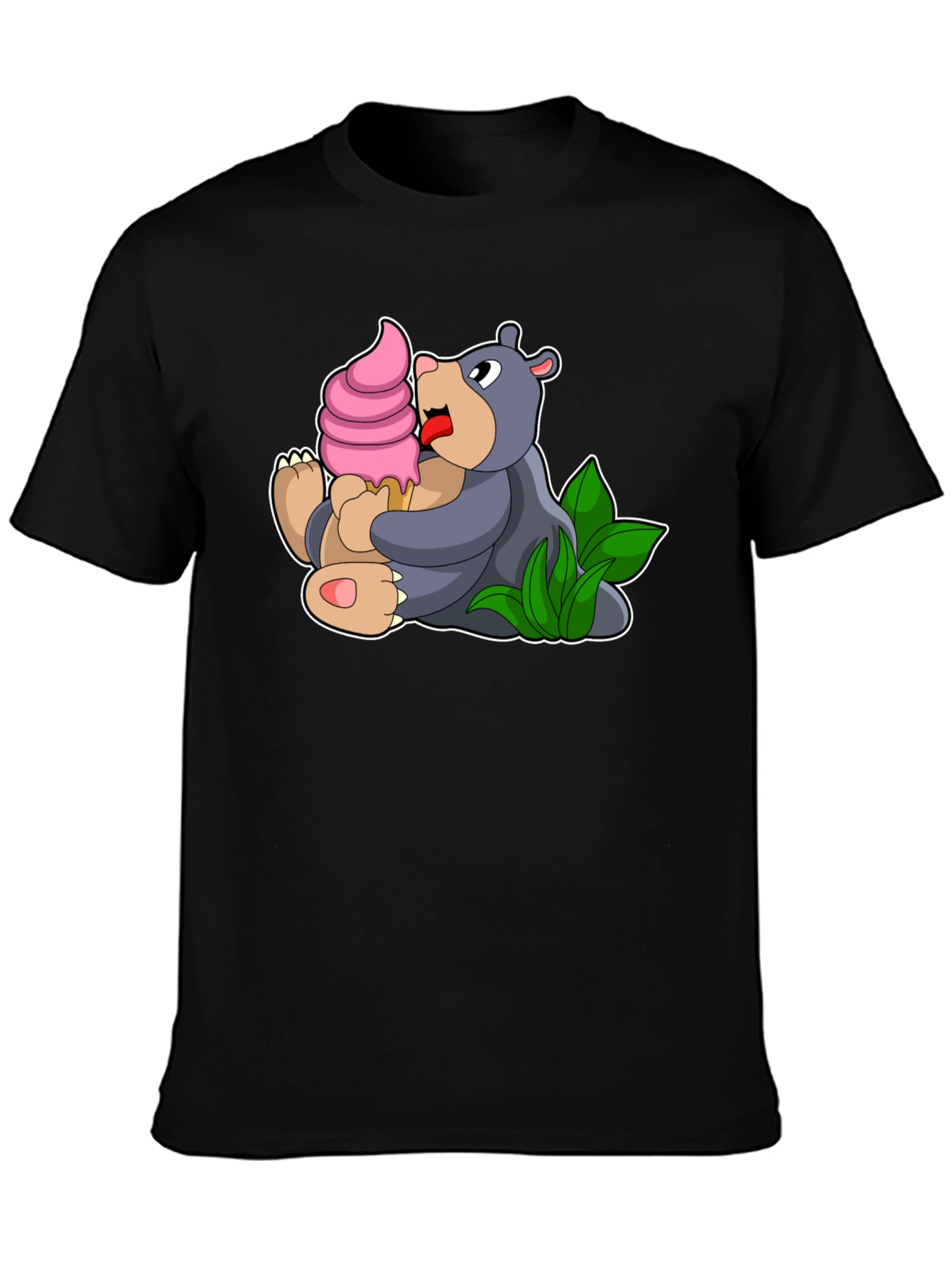Cute Bear Eating Ice Cream Black T-Shirt