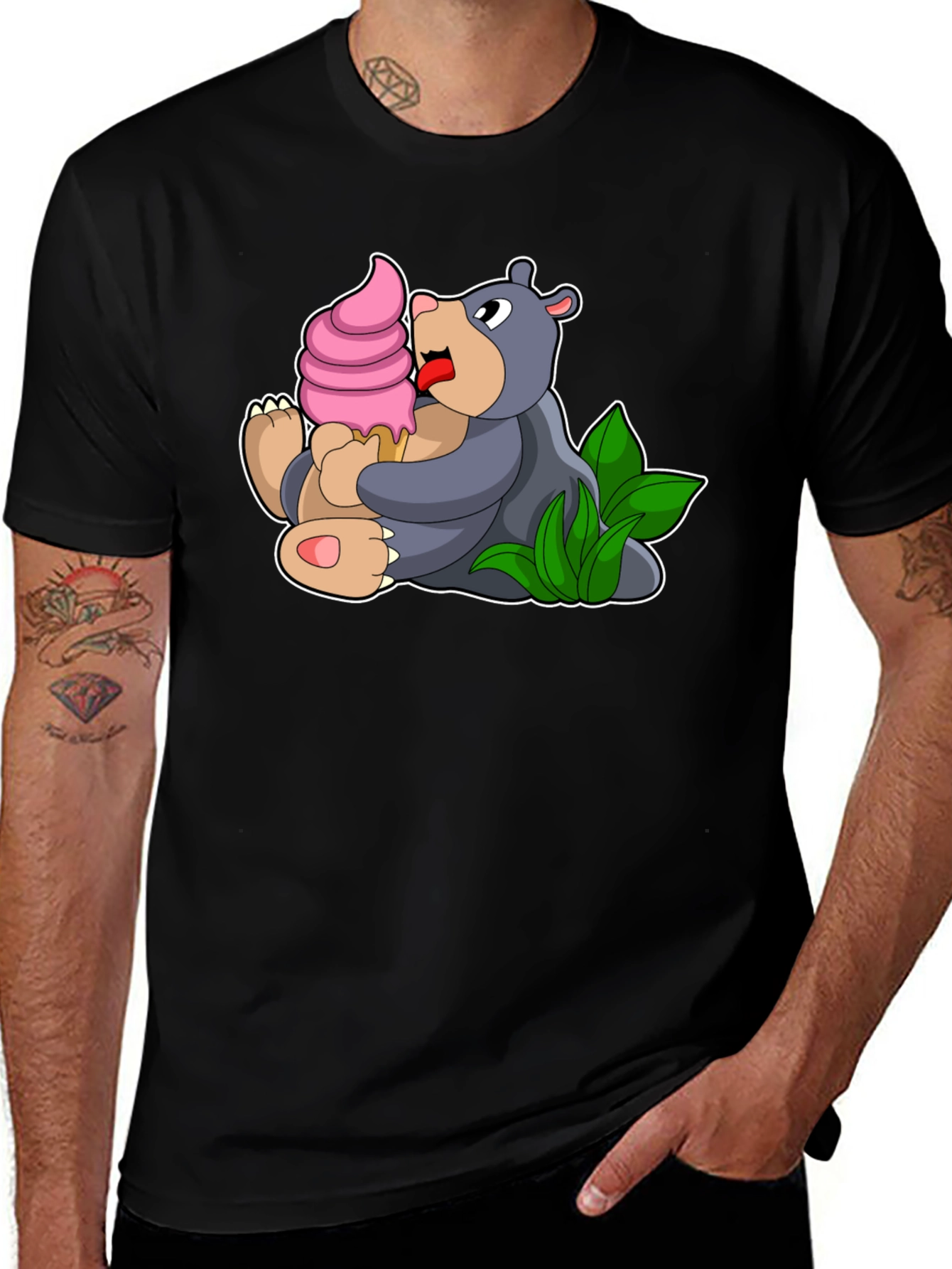 Cute Bear Eating Ice Cream Black T-Shirt