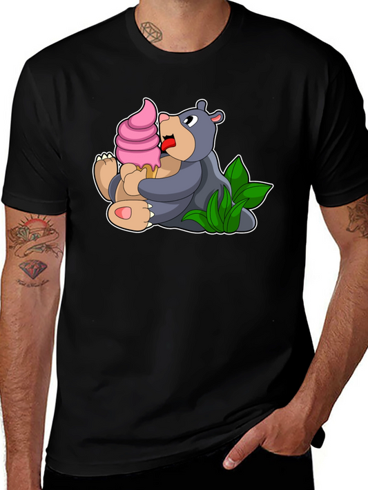 Cute Bear Eating Ice Cream Black T-Shirt