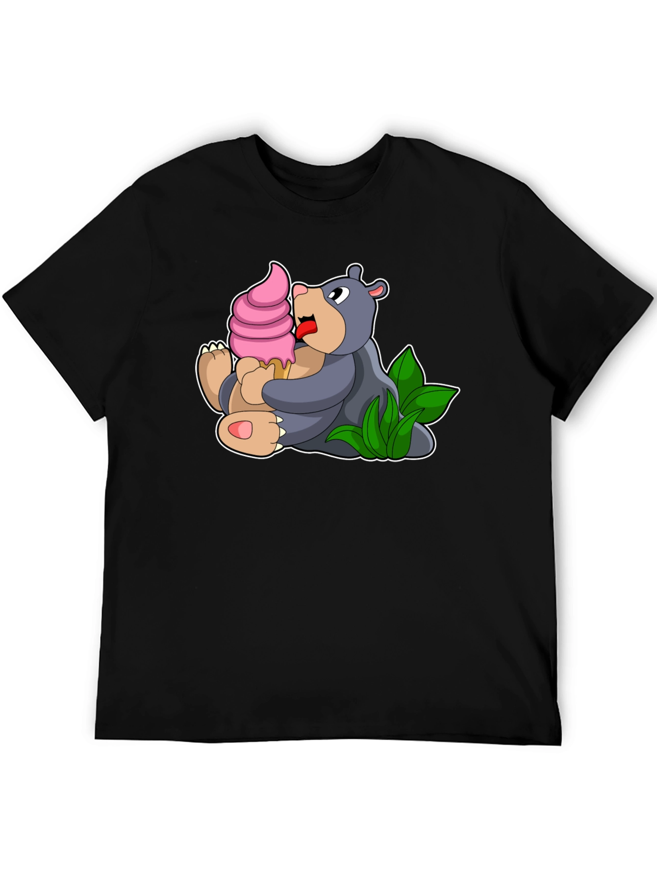 Cute Bear Eating Ice Cream Black T-Shirt