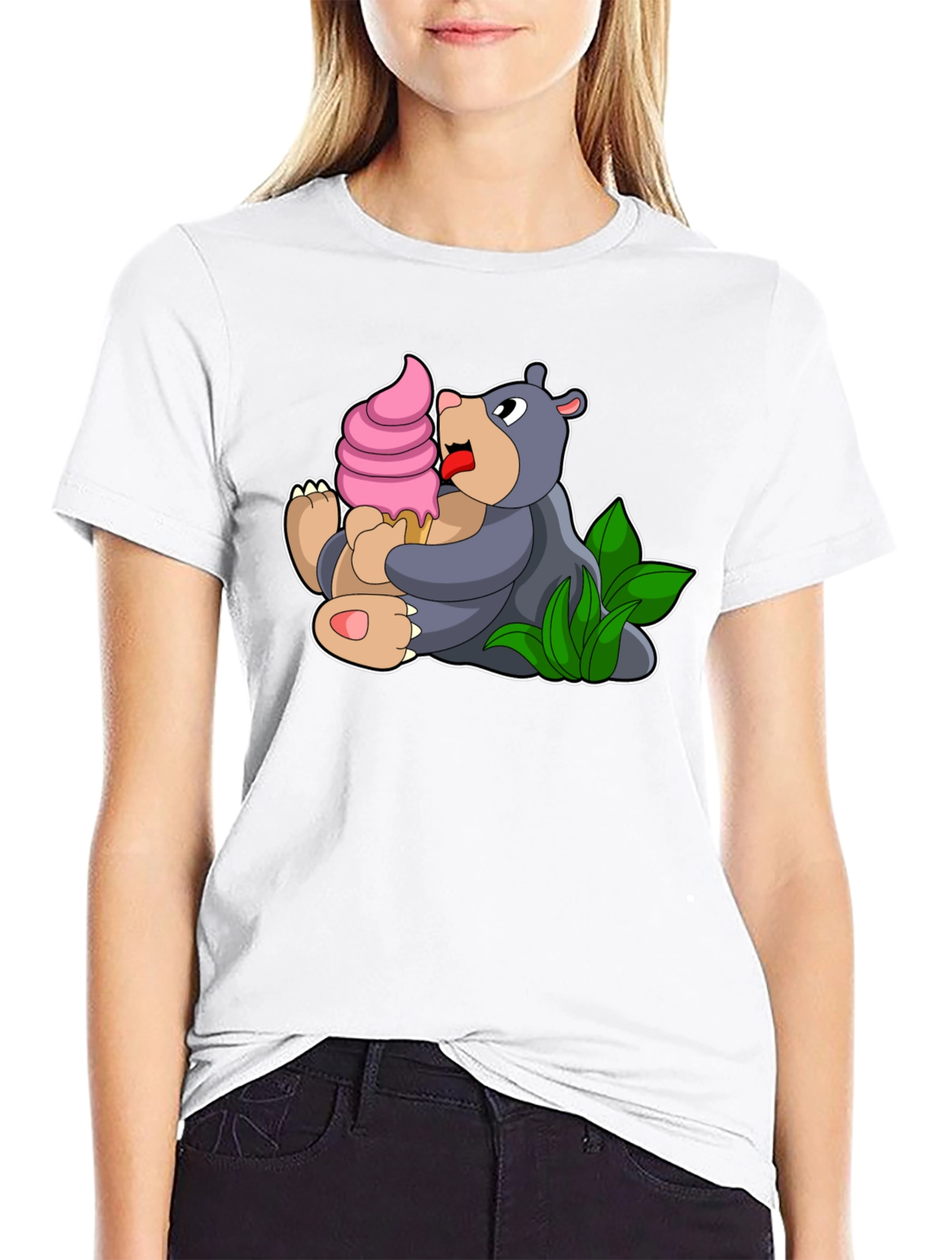 Cute Bear Eating Ice Cream Black T-Shirt