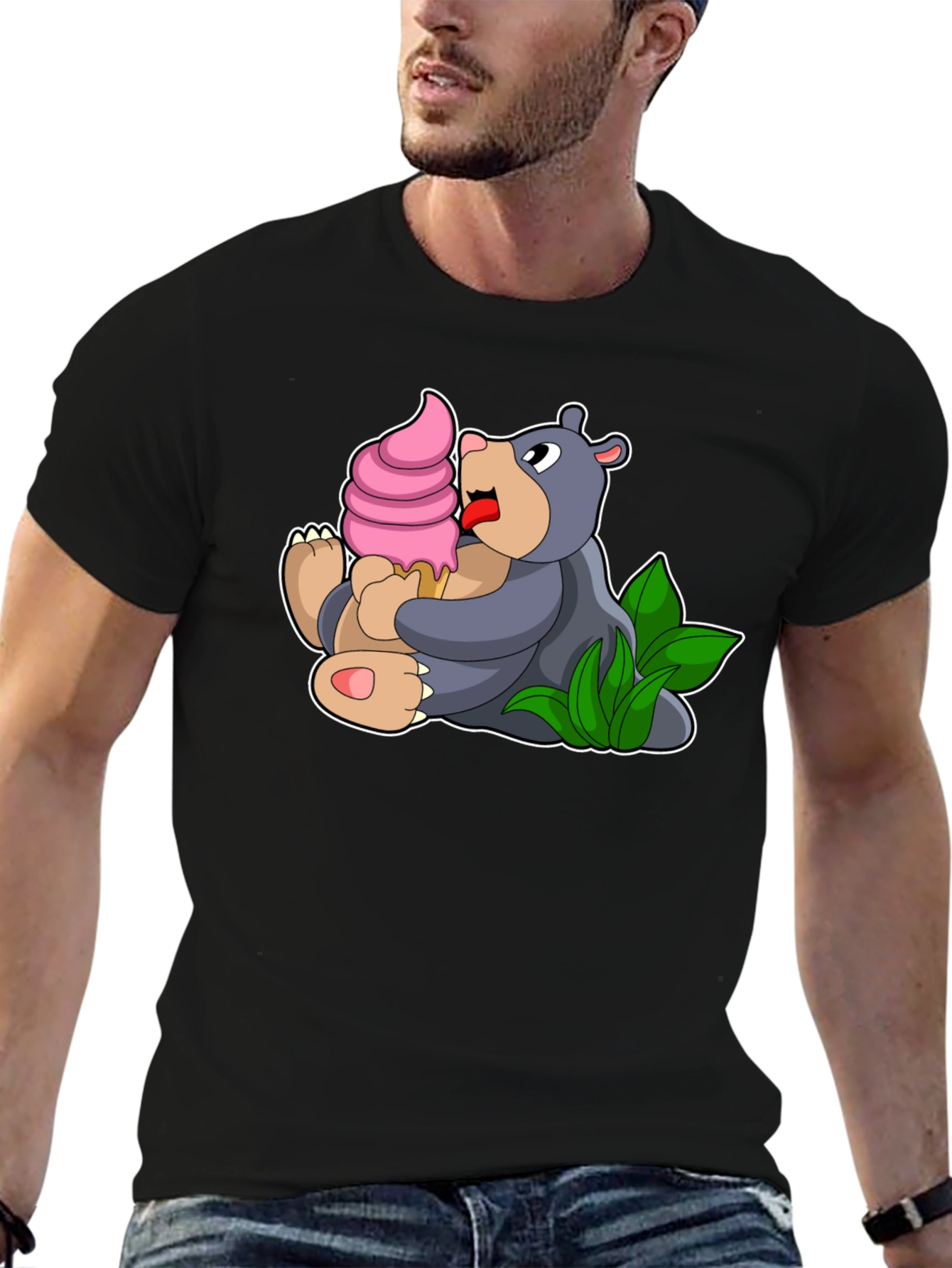 Cute Bear Eating Ice Cream Black T-Shirt
