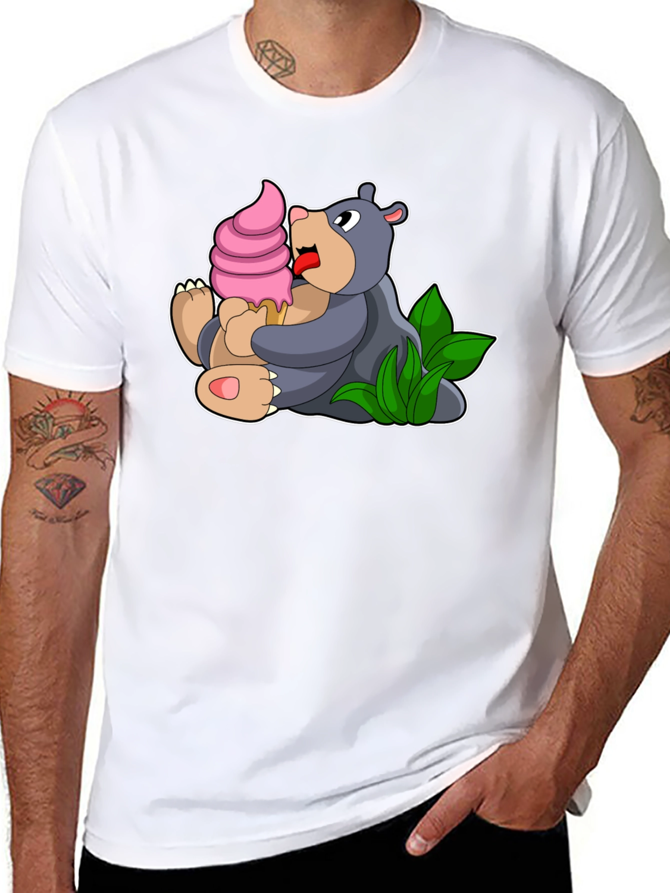 Cute Bear Eating Ice Cream Black T-Shirt