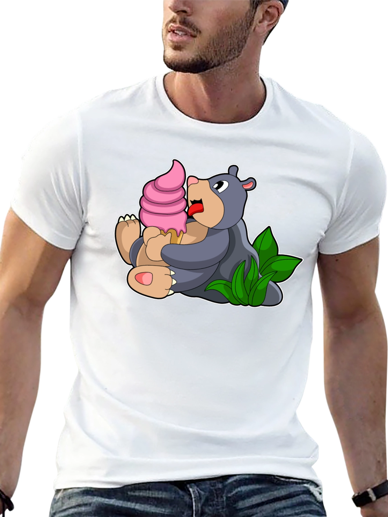 Cute Bear Eating Ice Cream Black T-Shirt