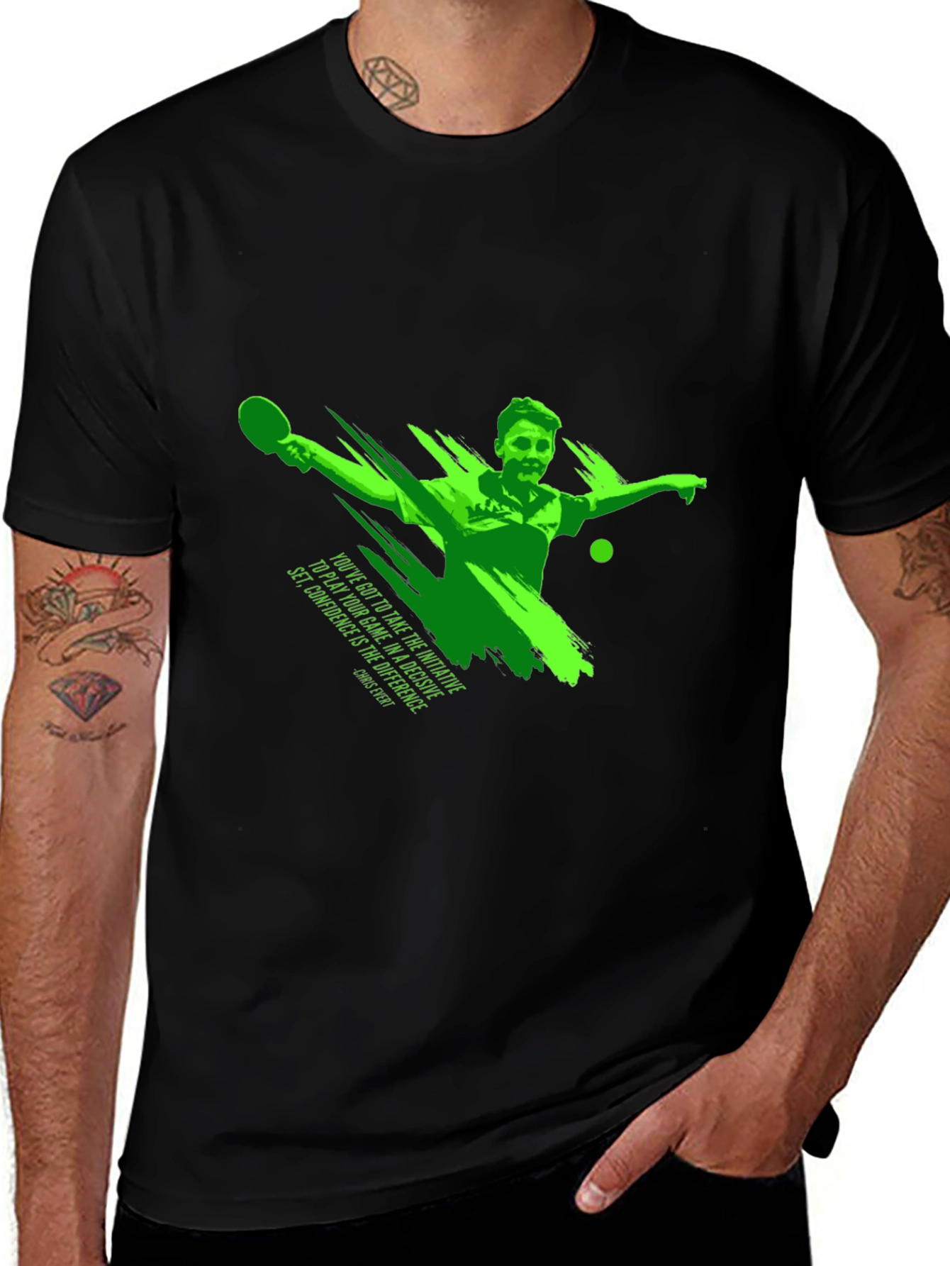 Mens Black Graphic T-Shirt - Table Tennis Player Design