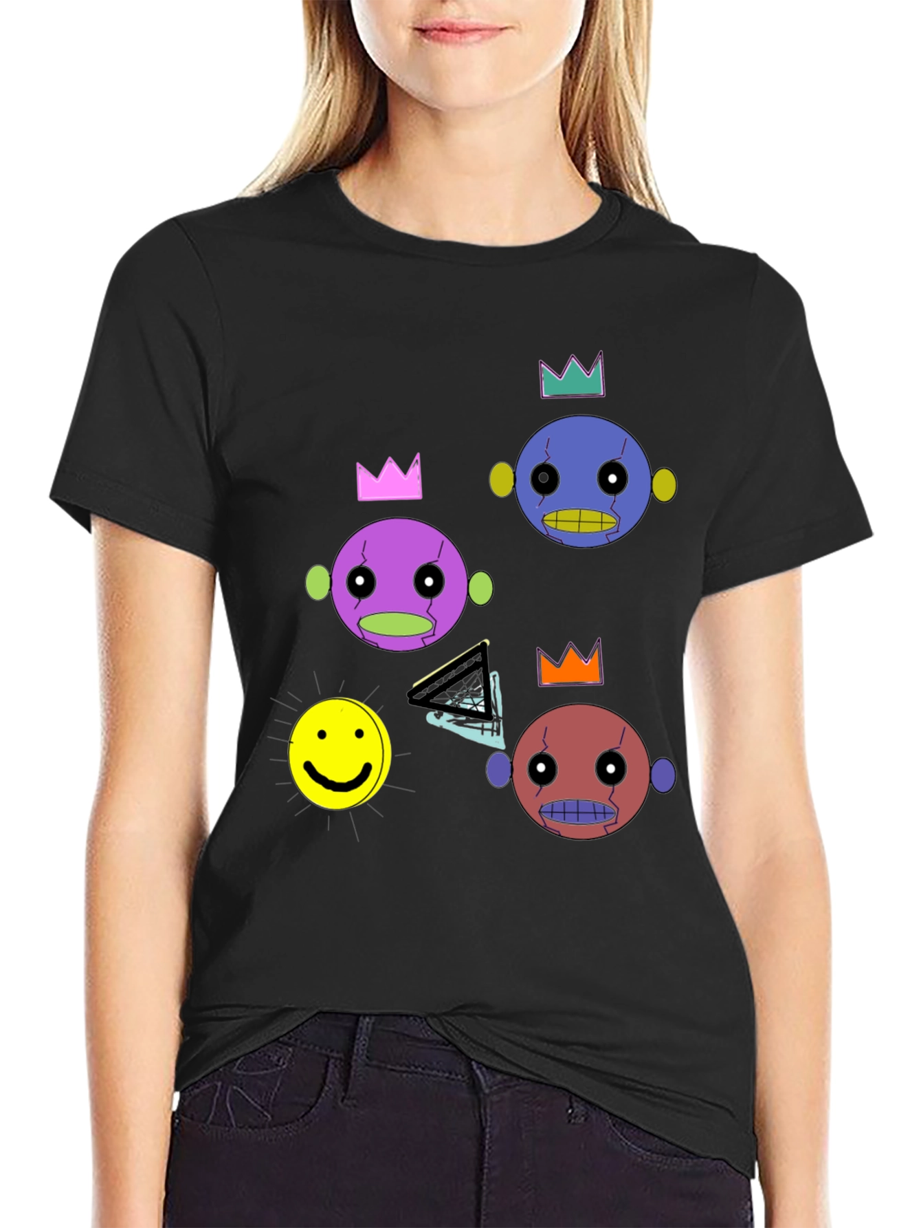 Funky Crowned Character Print Black T-Shirt