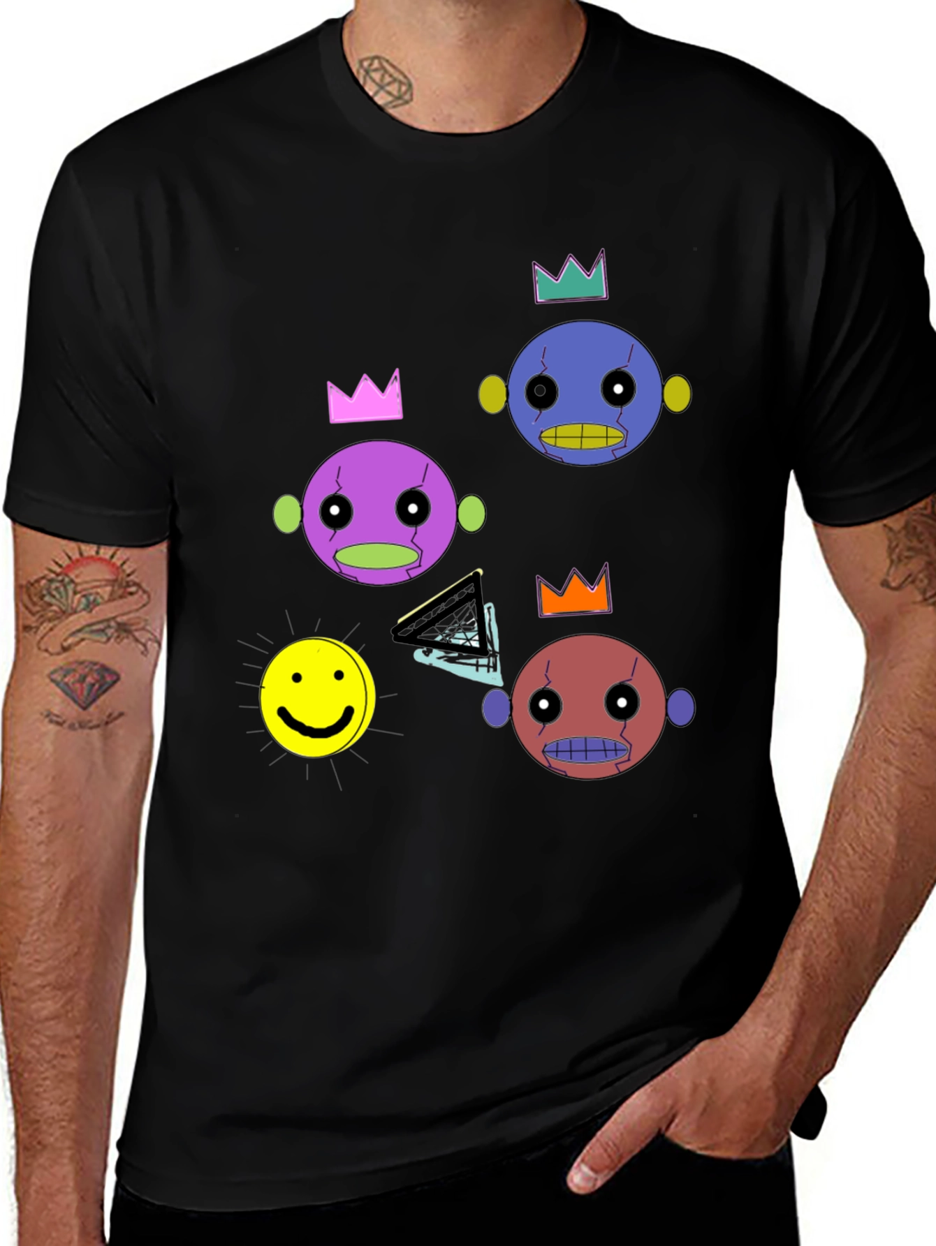 Funky Crowned Character Print Black T-Shirt