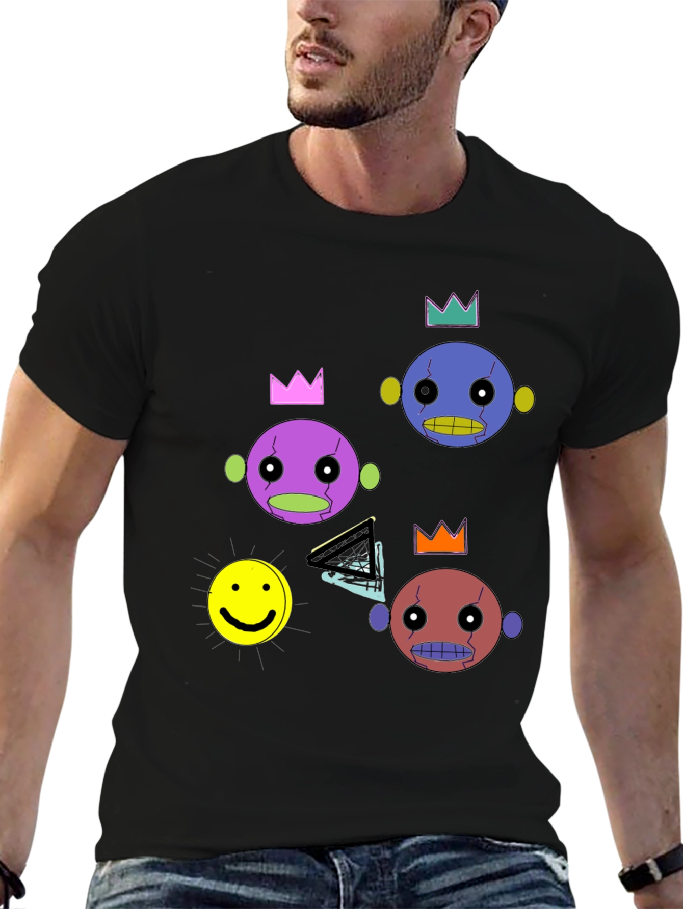 Funky Crowned Character Print Black T-Shirt