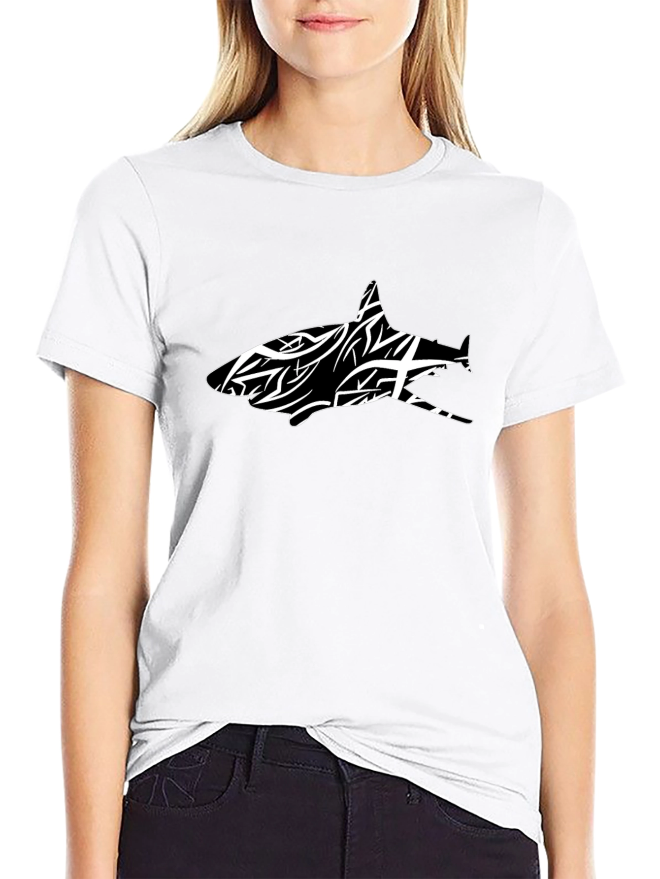 Black T-Shirt with Tribal Shark Graphic