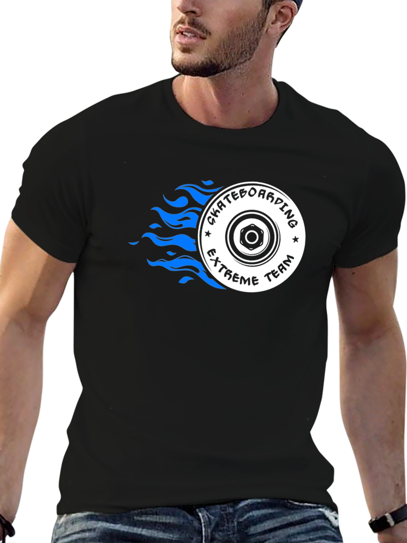 Skateboarding Team Graphic Tee - Black Cotton T-Shirt