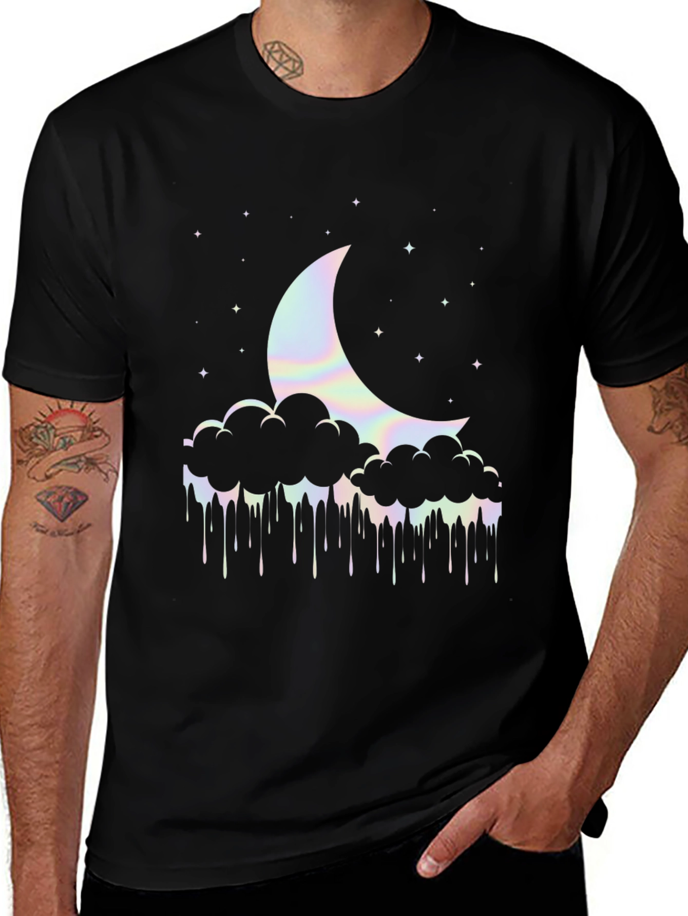 Crescent Moon Clouds T-Shirt - Holographic Graphic Tee