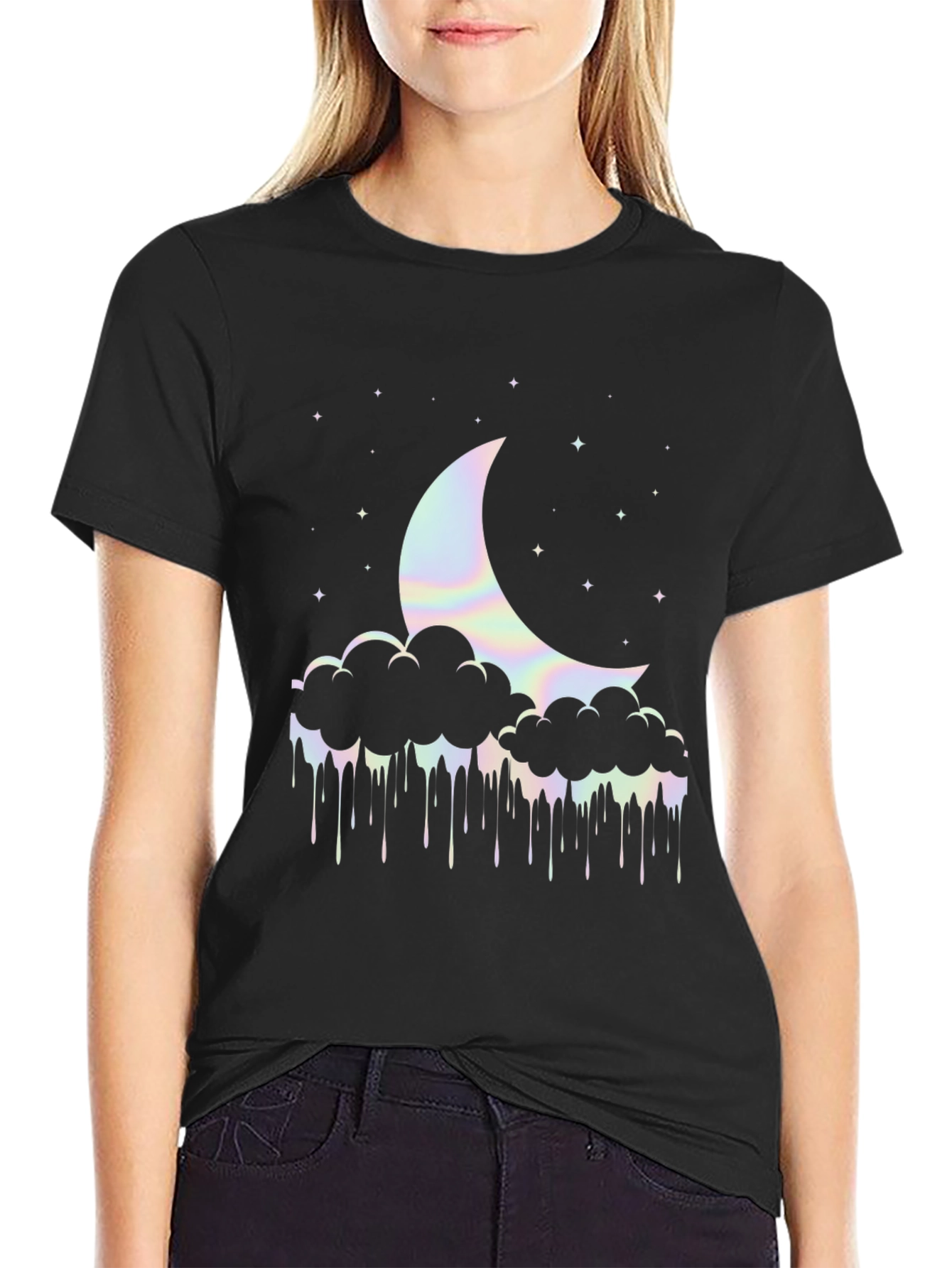 Crescent Moon Clouds T-Shirt - Holographic Graphic Tee