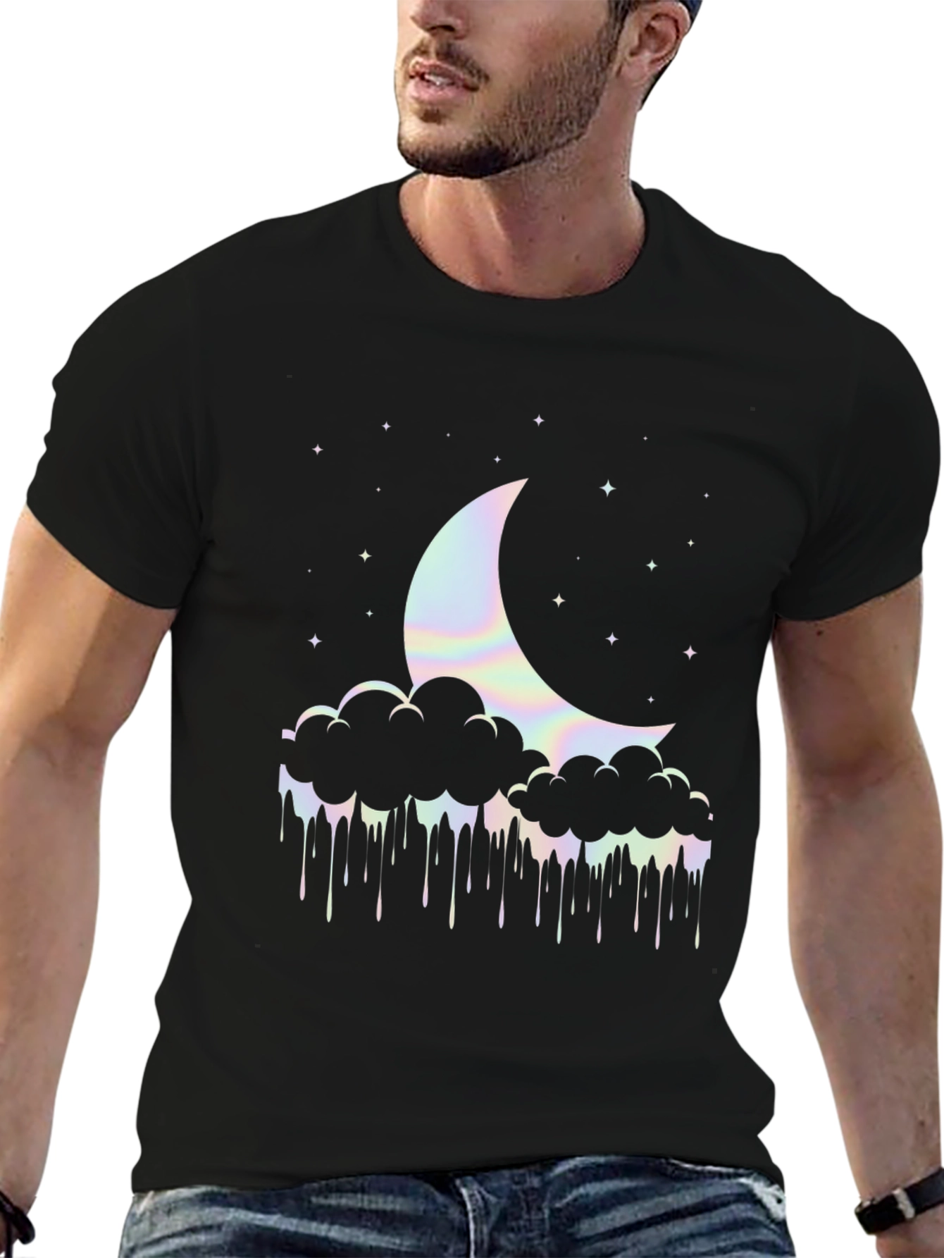 Crescent Moon Clouds T-Shirt - Holographic Graphic Tee