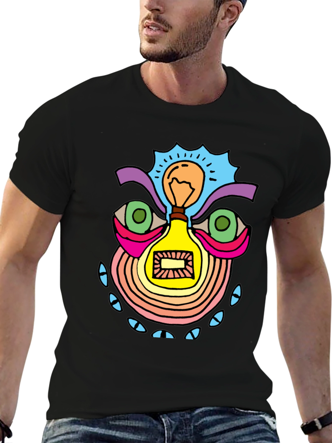 Abstract Light Bulb Face Graphic Tee - Black