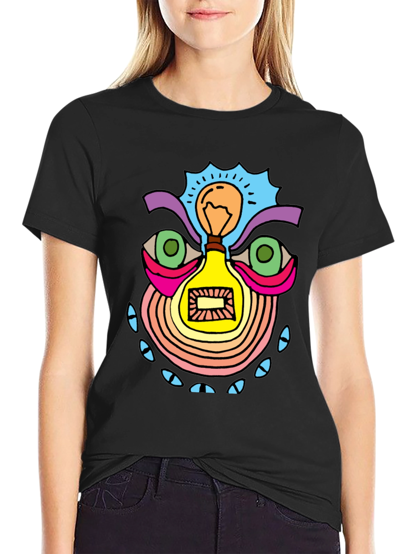 Abstract Light Bulb Face Graphic Tee - Black
