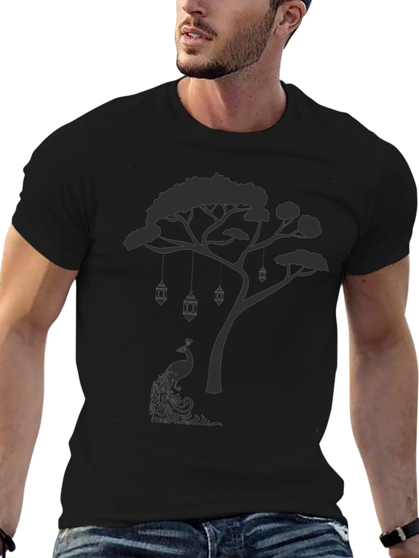 Mens Black Tree & Peacock Graphic Tee