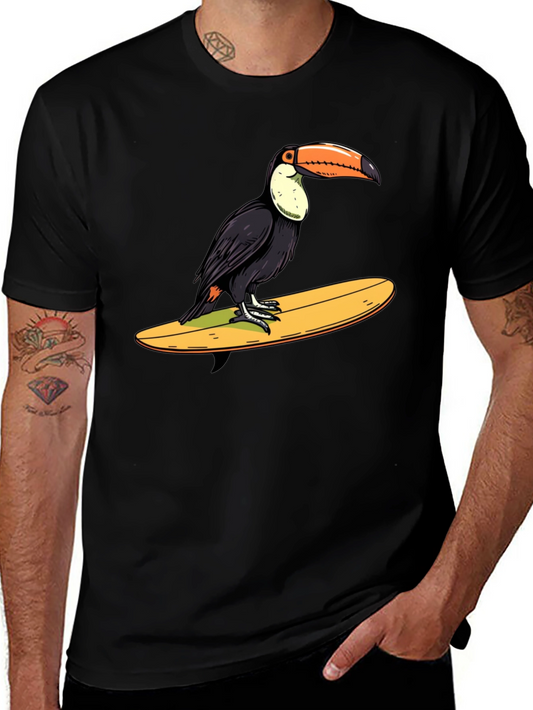 Toucan Surfing Graphic Tee - Black Cotton T-Shirt