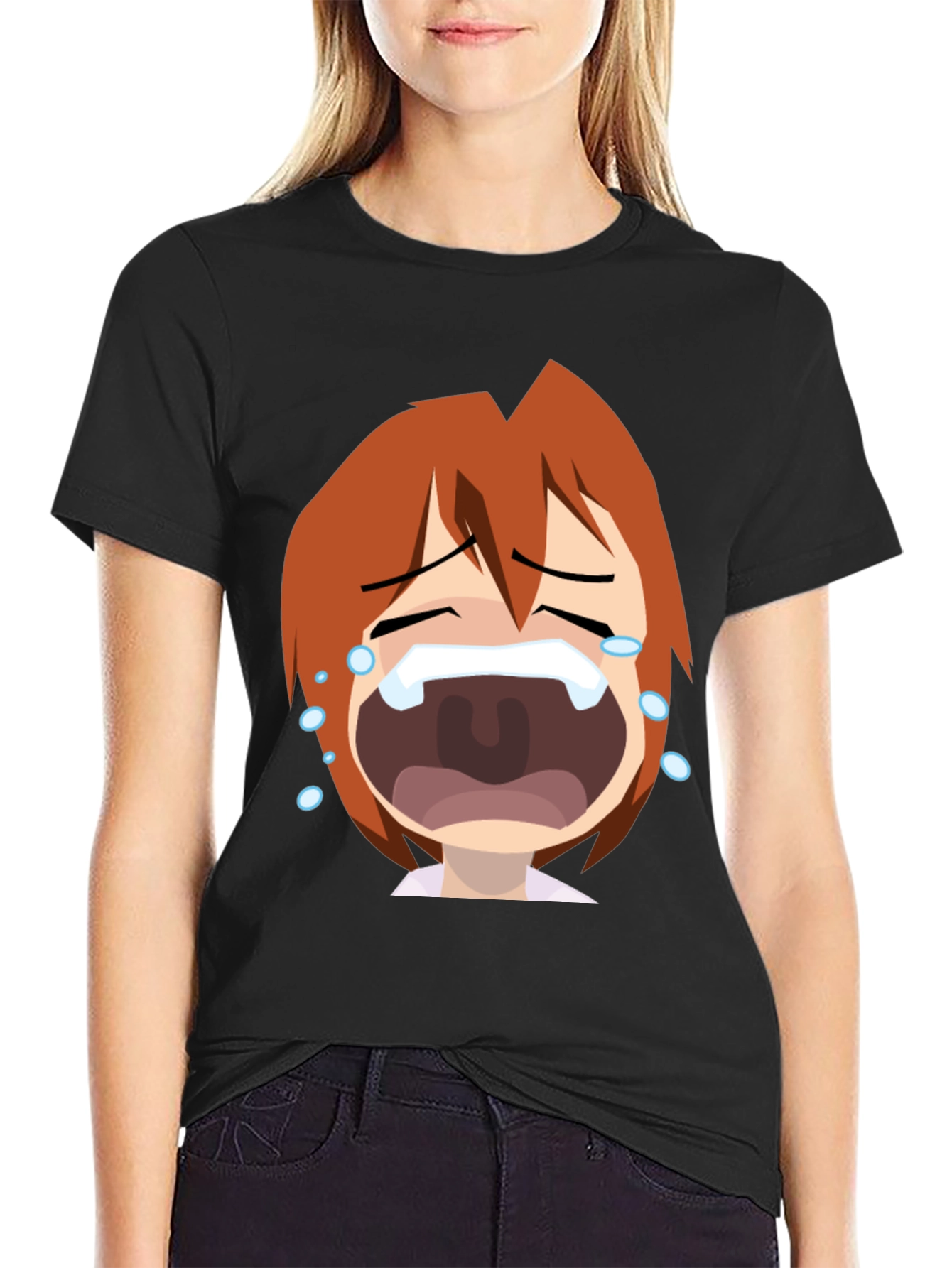 Anime Crying Face Graphic Tee - Black Unisex T-Shirt