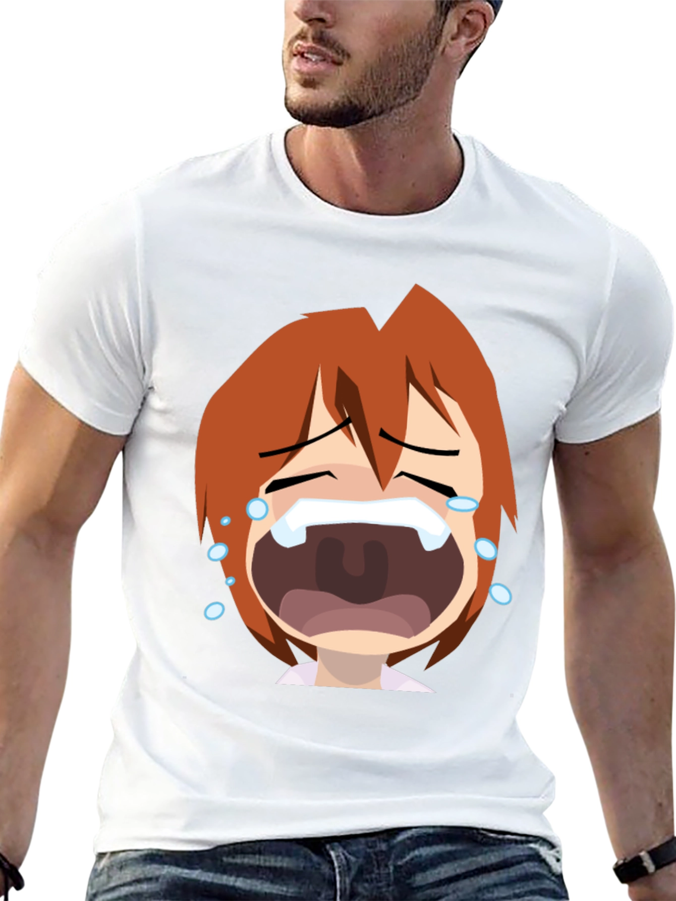 Anime Crying Face Graphic Tee - Black Unisex T-Shirt