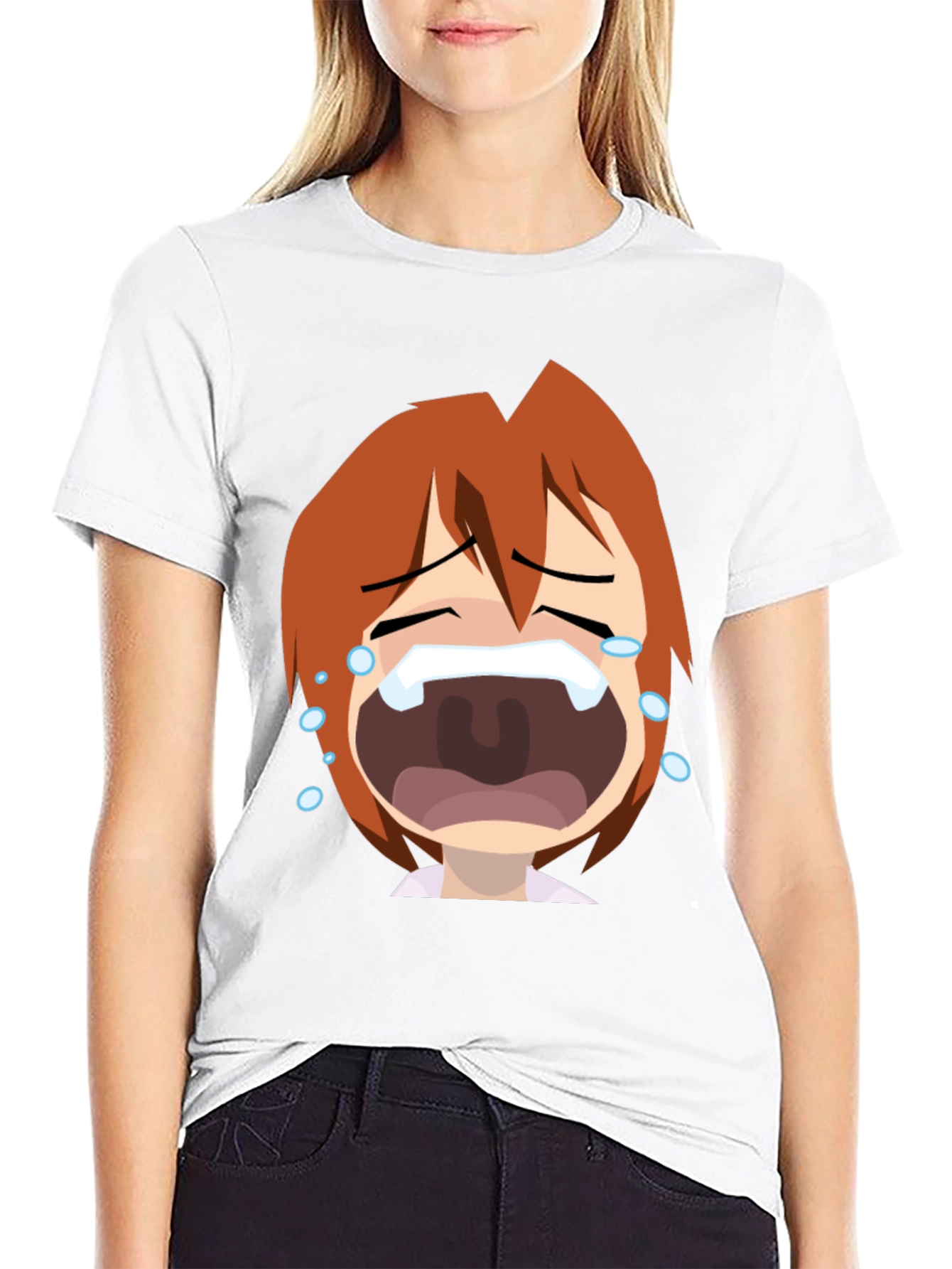 Anime Crying Face Graphic Tee - Black Unisex T-Shirt