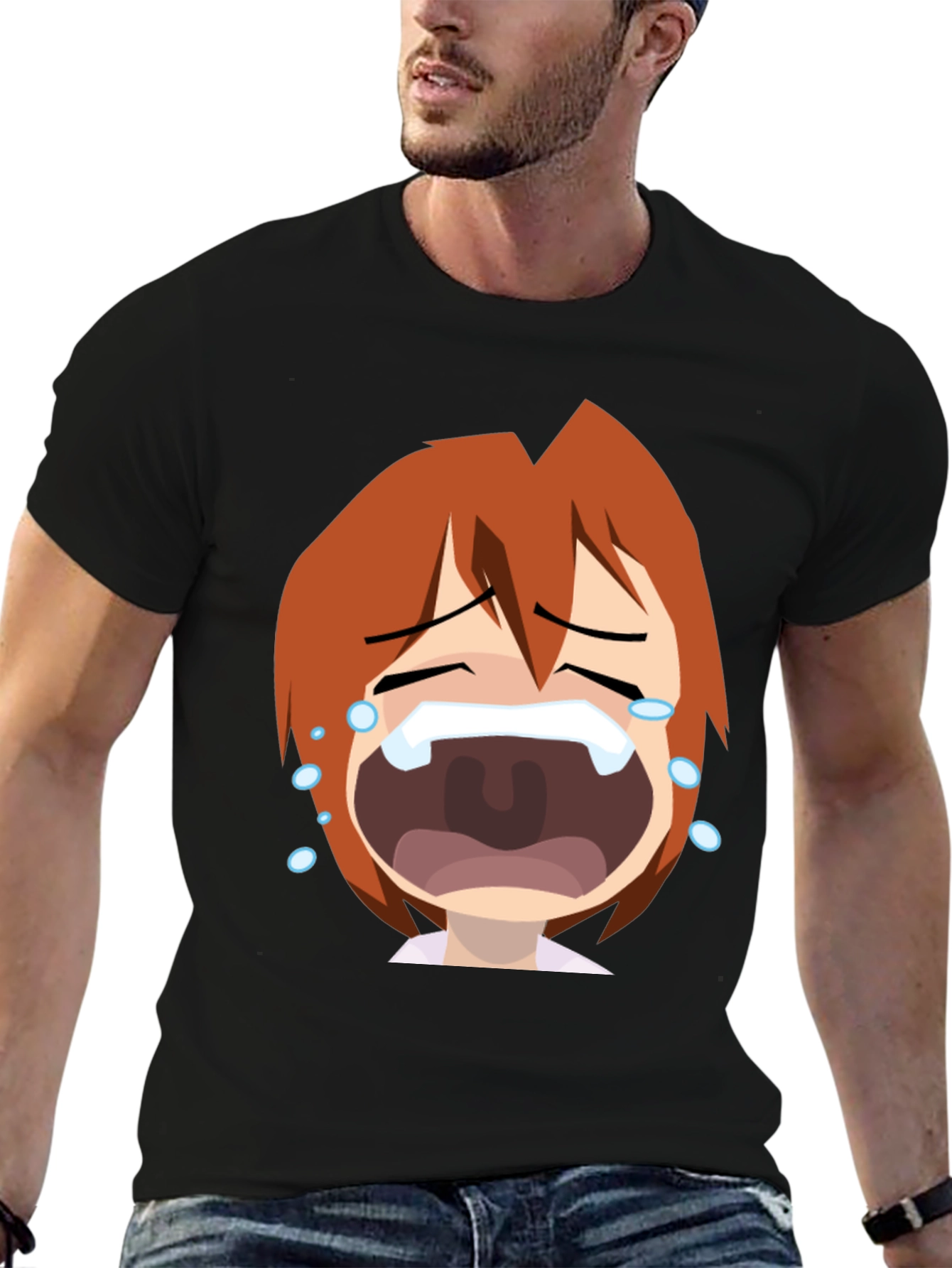 Anime Crying Face Graphic Tee - Black Unisex T-Shirt