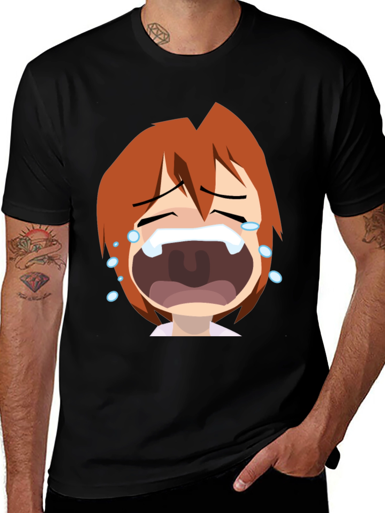 Anime Crying Face Graphic Tee - Black Unisex T-Shirt