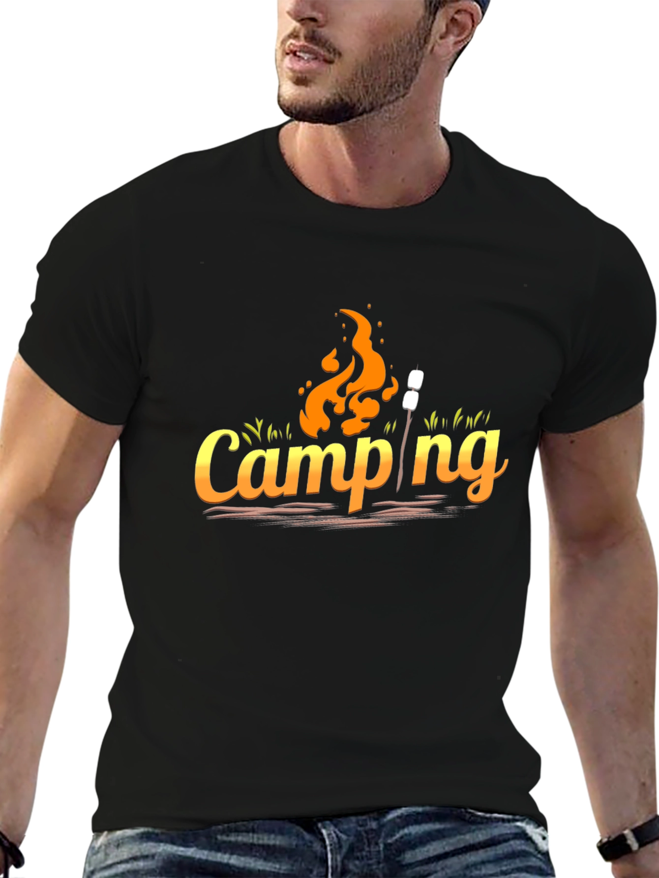 Camping Graphic Tee - Black Cotton Casual Top