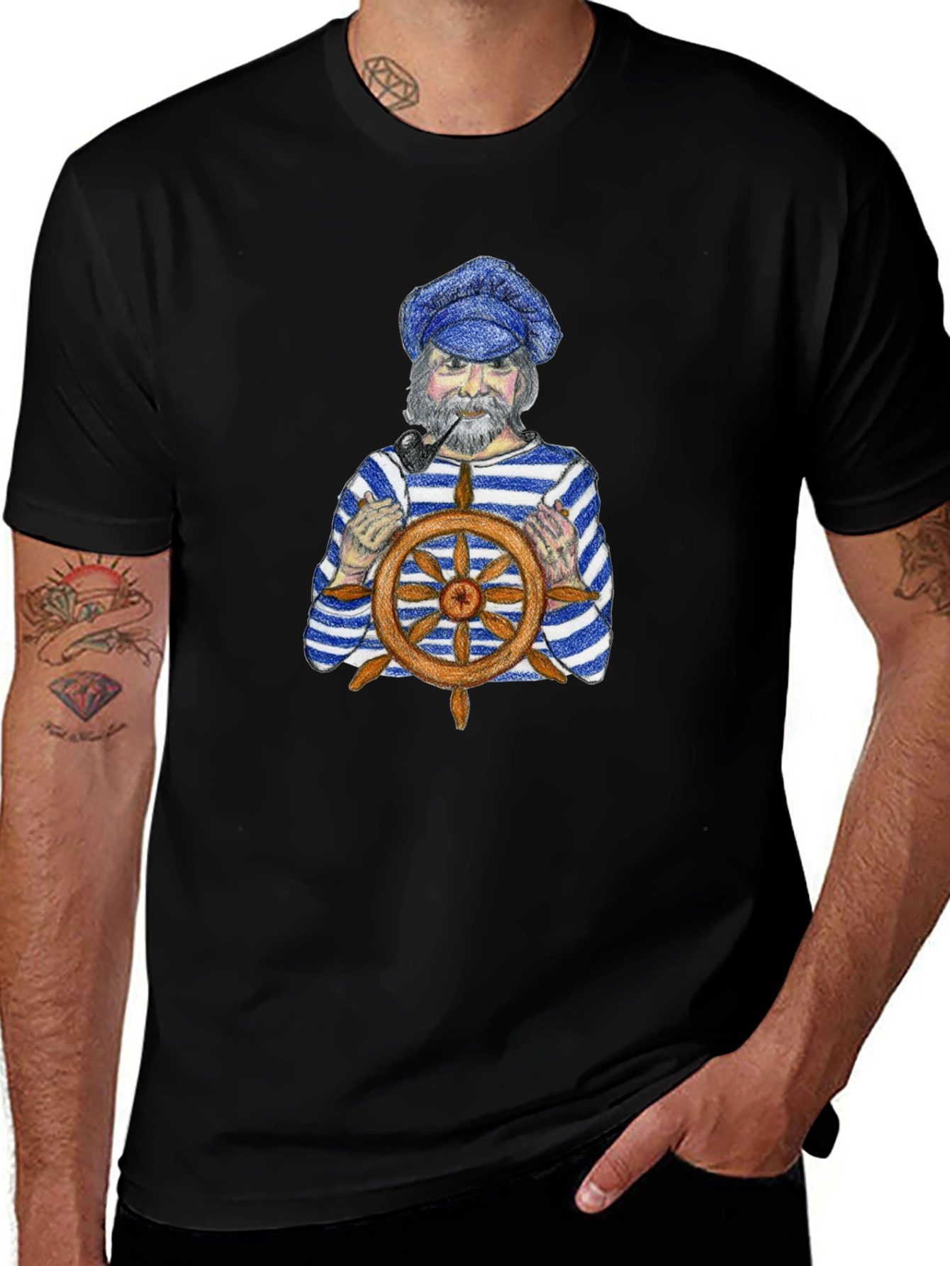 Nautical Captain Graphic Tee - Black Cotton T-Shirt