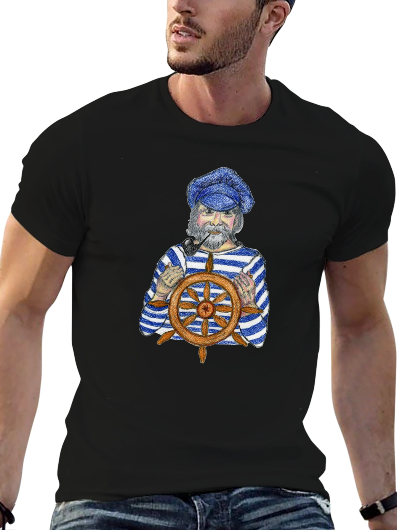 Nautical Captain Graphic Tee - Black Cotton T-Shirt