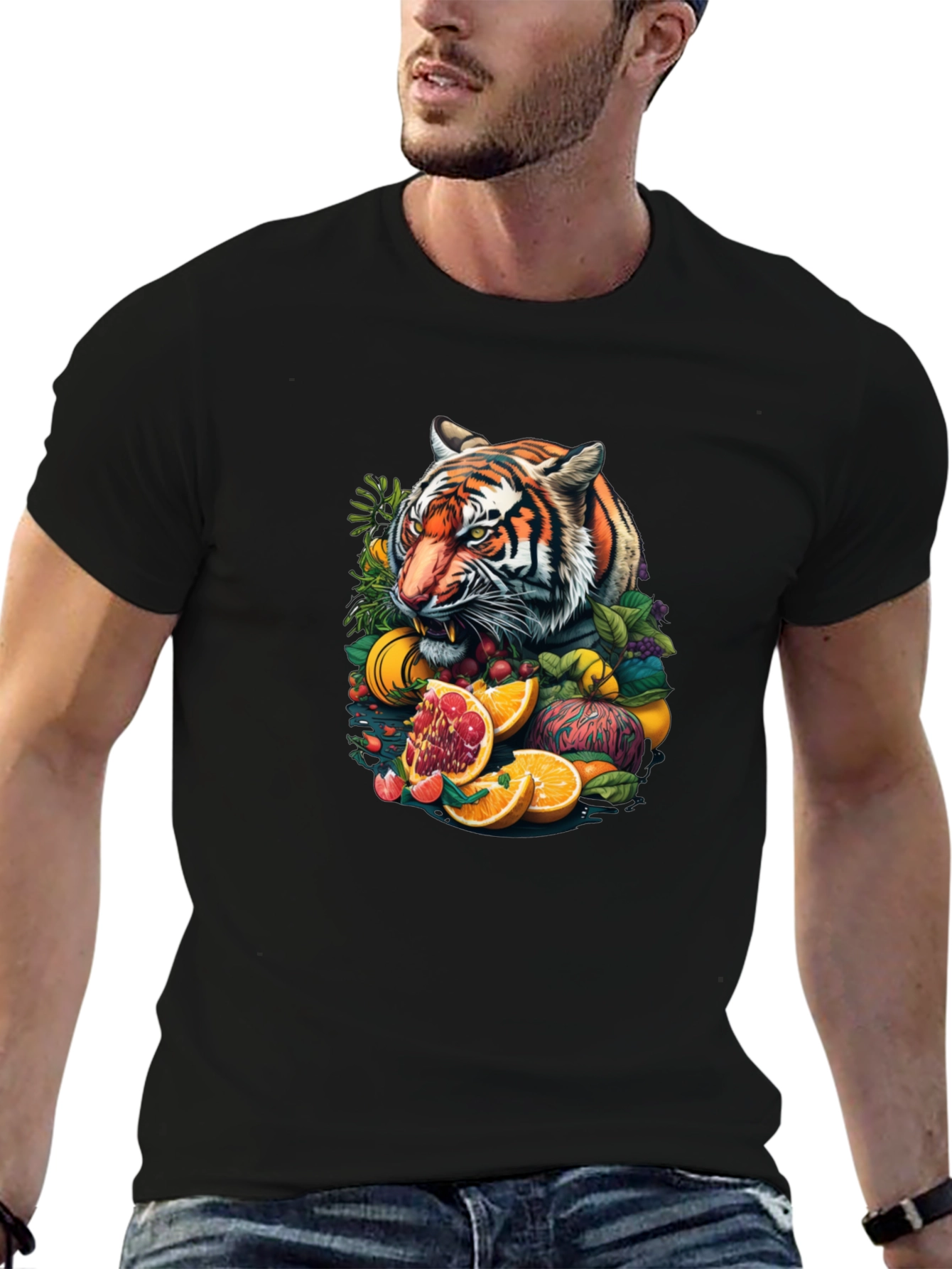 Tiger & Fruit Graphic Black Tee