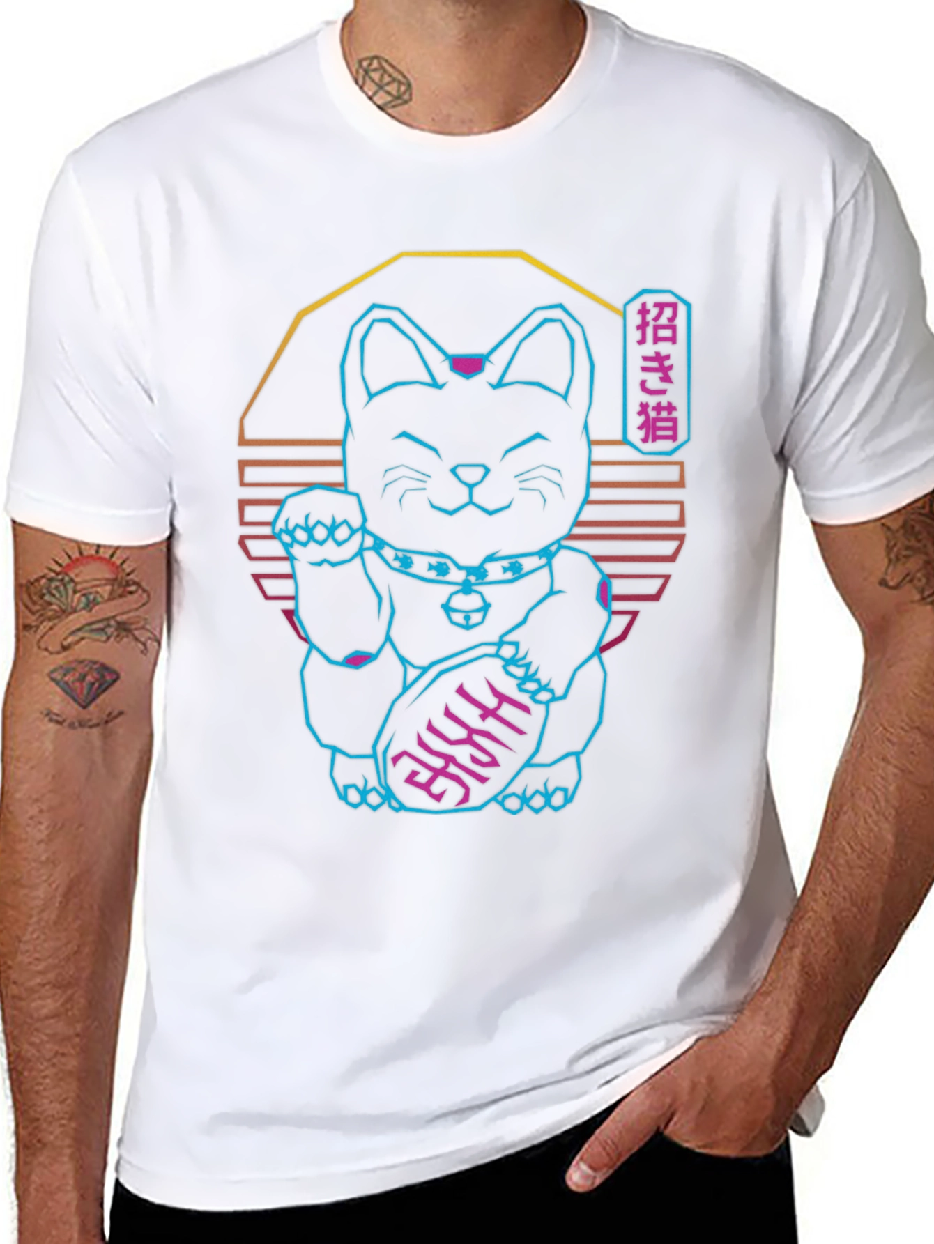 Neon Lucky Cat T-Shirt - Retro Wave Graphic Tee