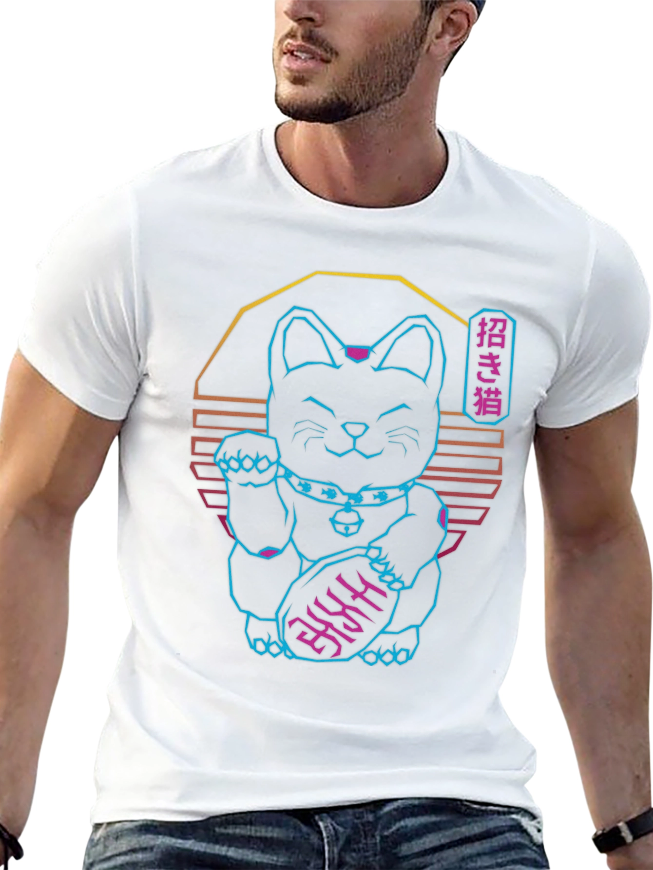 Neon Lucky Cat T-Shirt - Retro Wave Graphic Tee