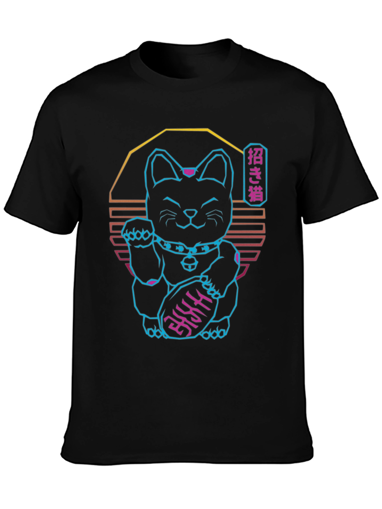 Neon Lucky Cat T-Shirt - Retro Wave Graphic Tee