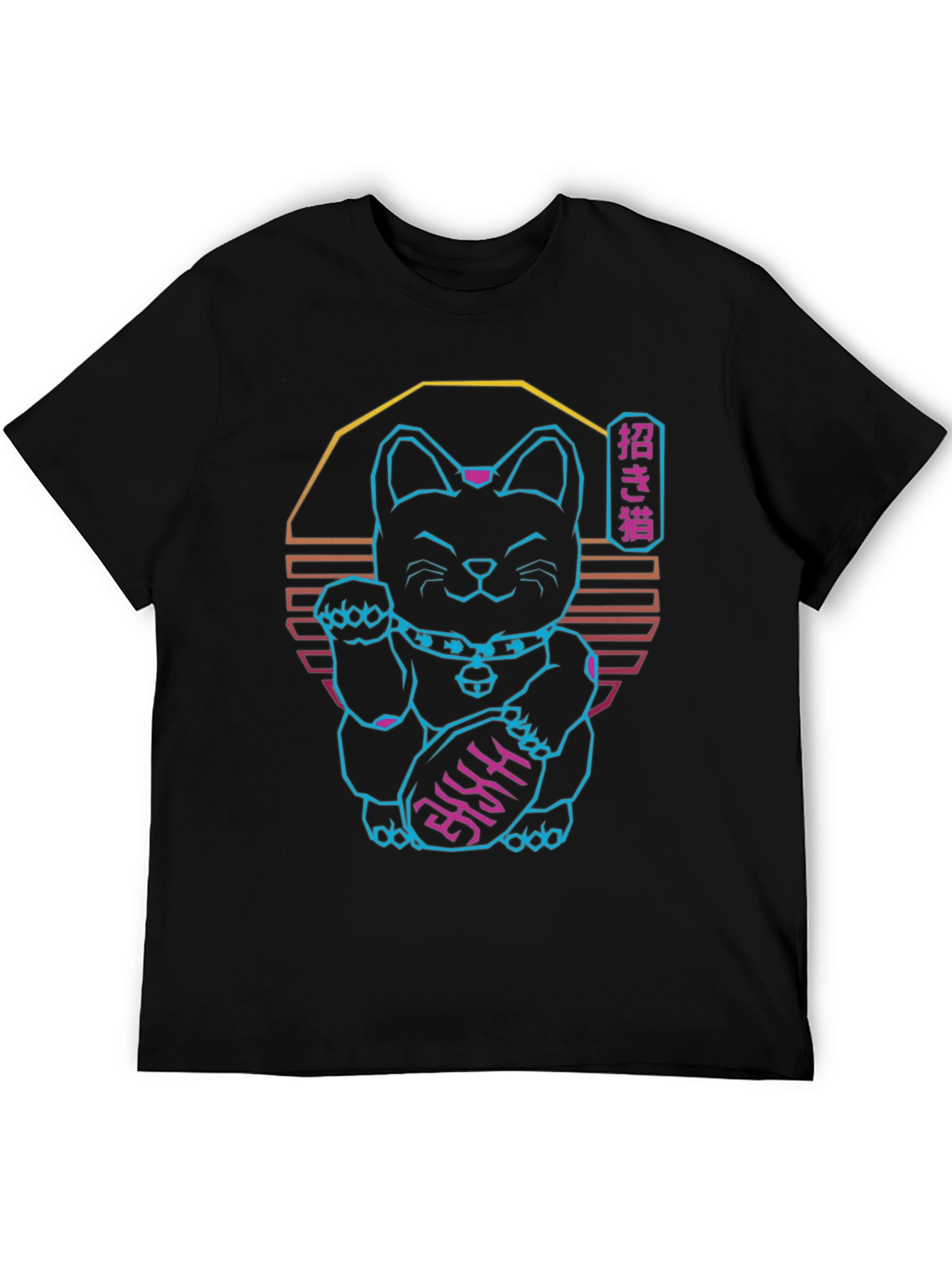 Neon Lucky Cat T-Shirt - Retro Wave Graphic Tee