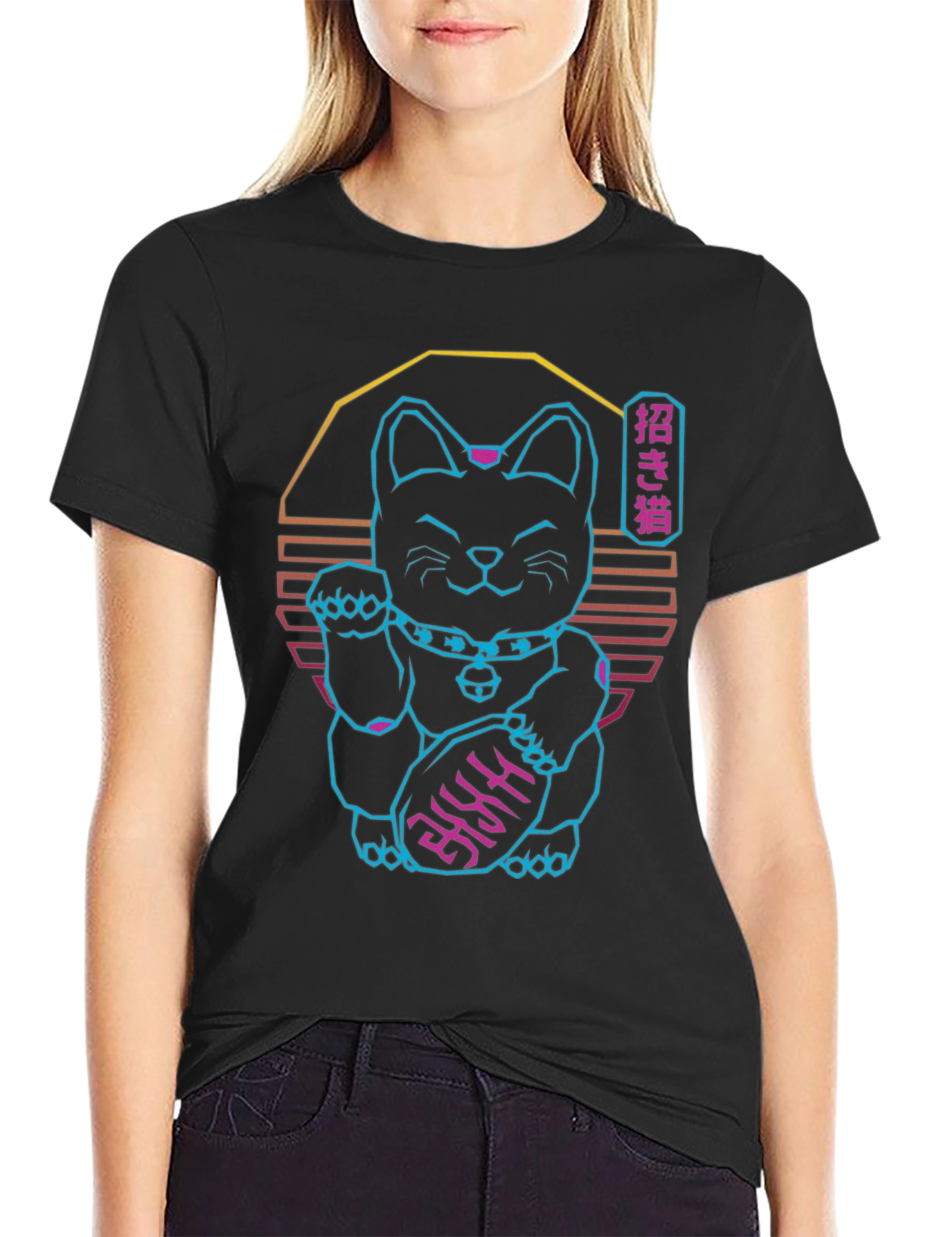 Neon Lucky Cat T-Shirt - Retro Wave Graphic Tee