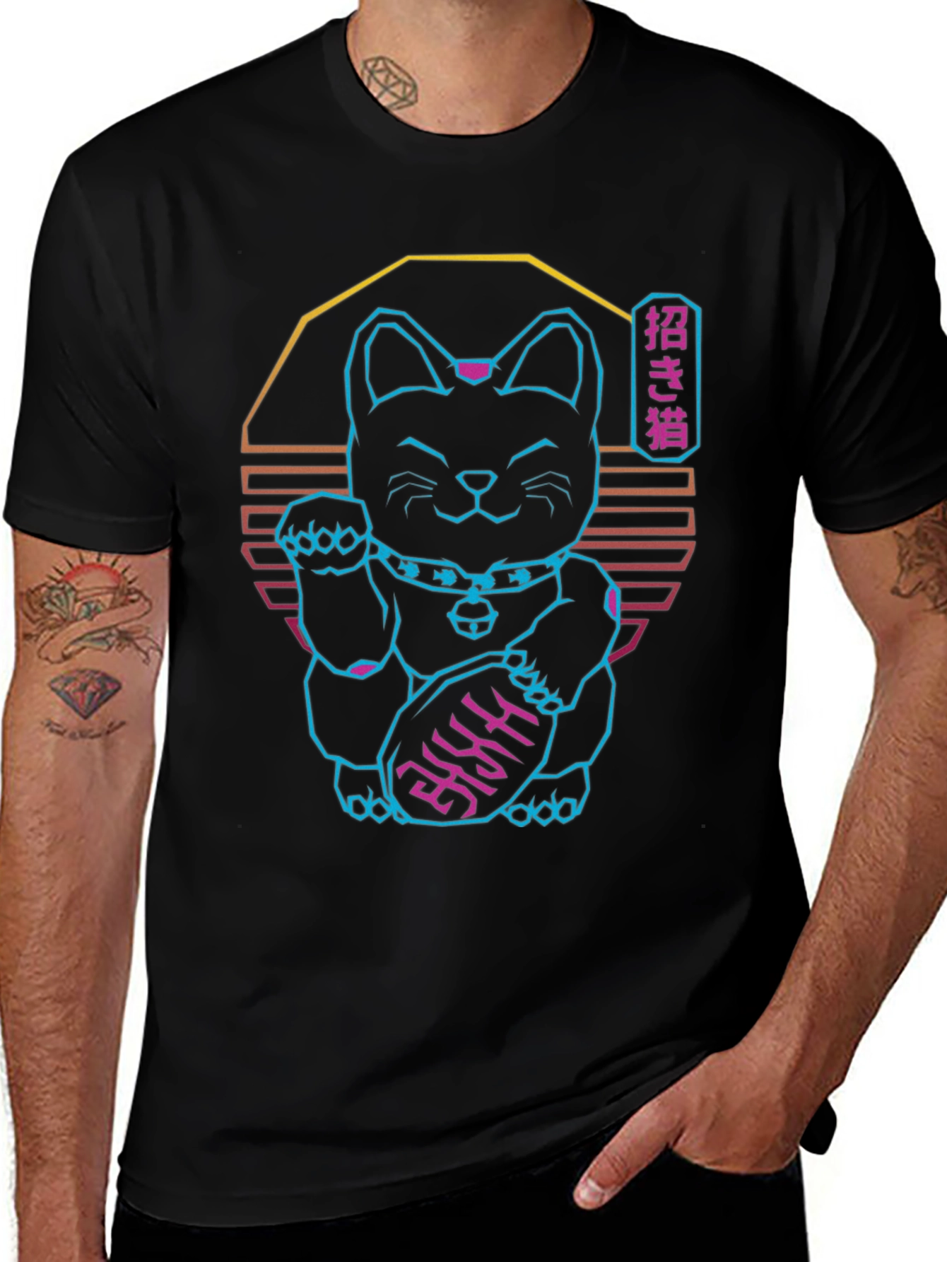 Neon Lucky Cat T-Shirt - Retro Wave Graphic Tee
